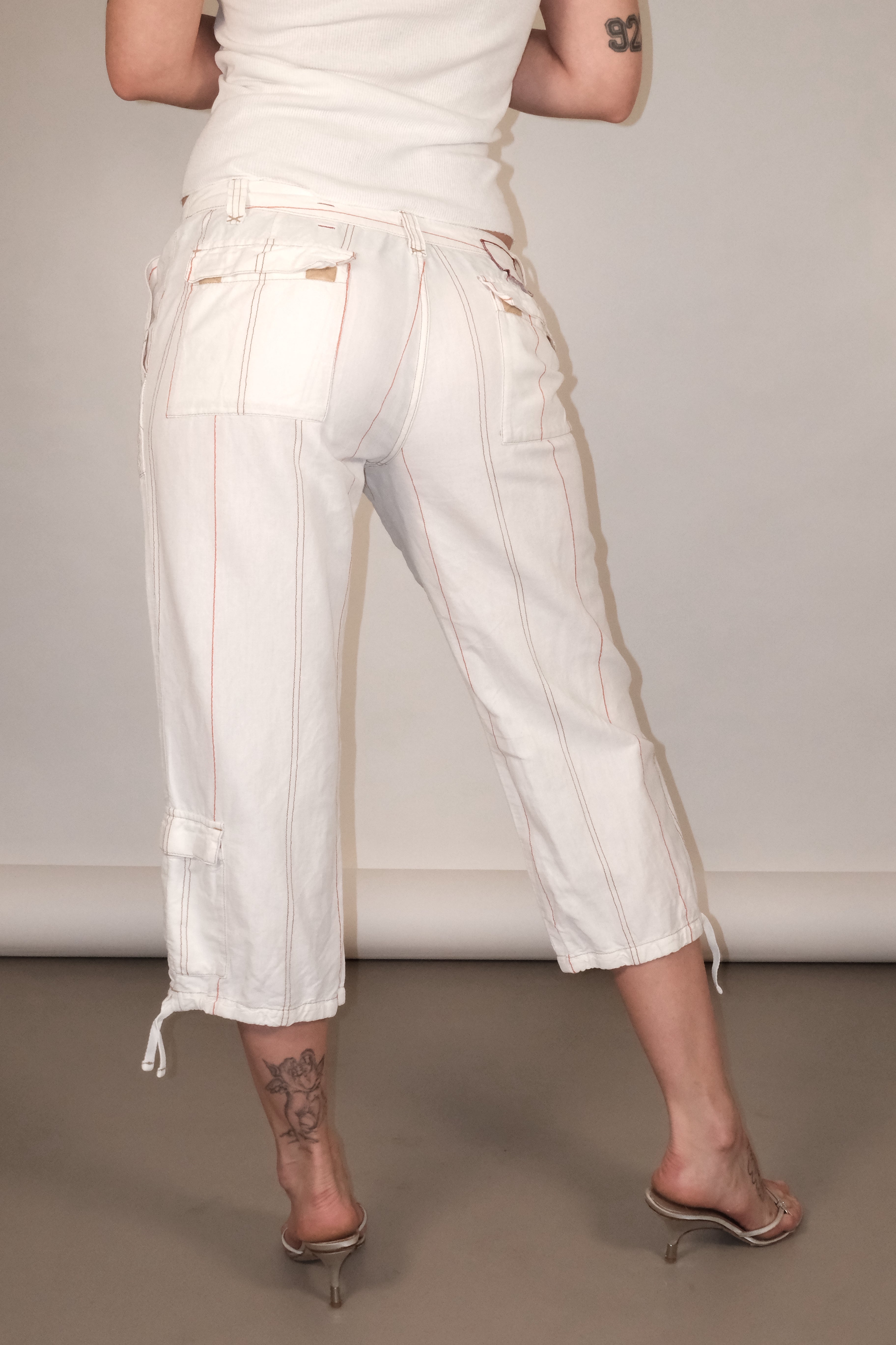 White Cropped Linen Pants with Stripes Size 38