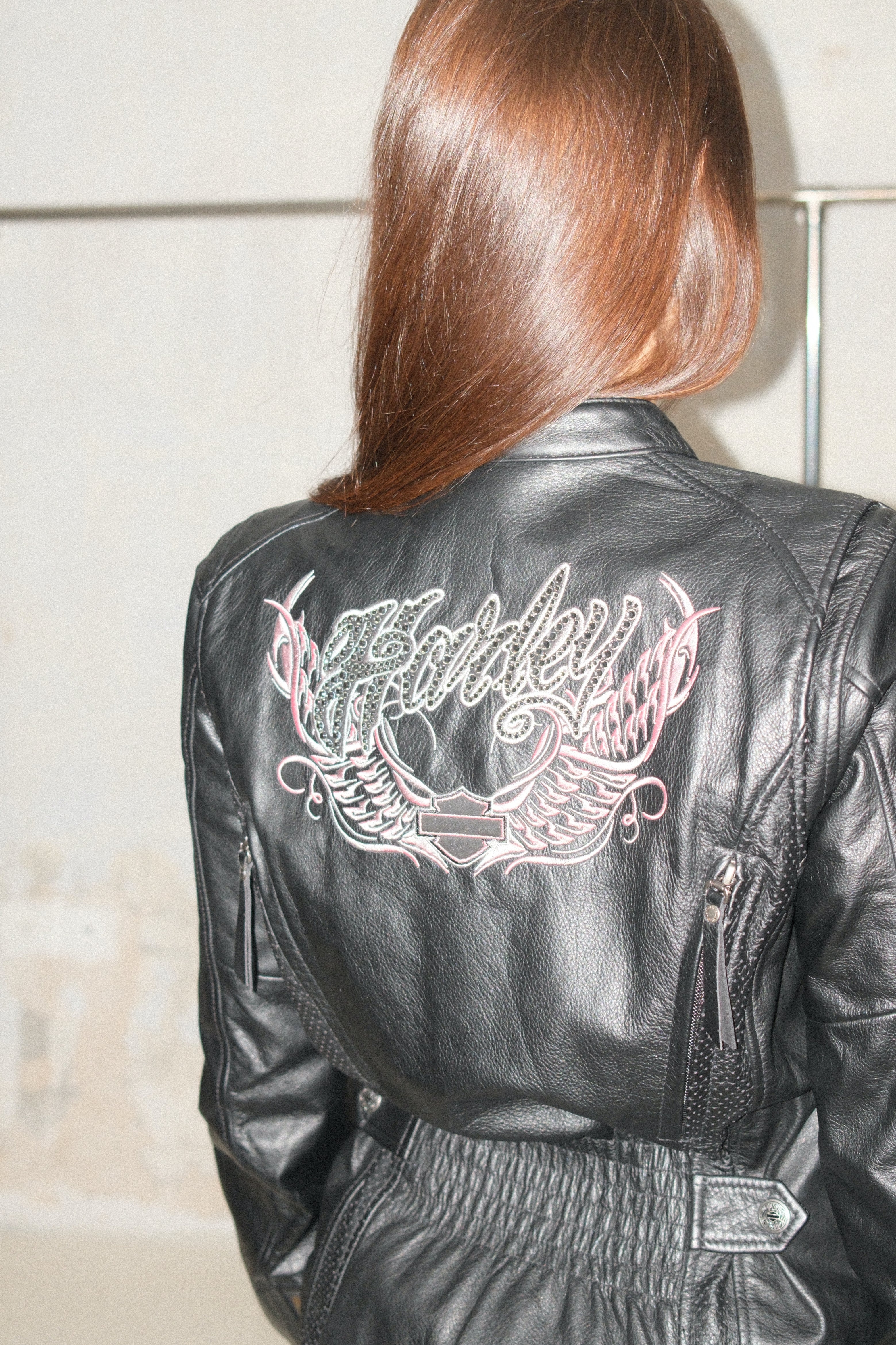 Harley Davidson Fitted Leather Jacket With Pink Details And Sparkle