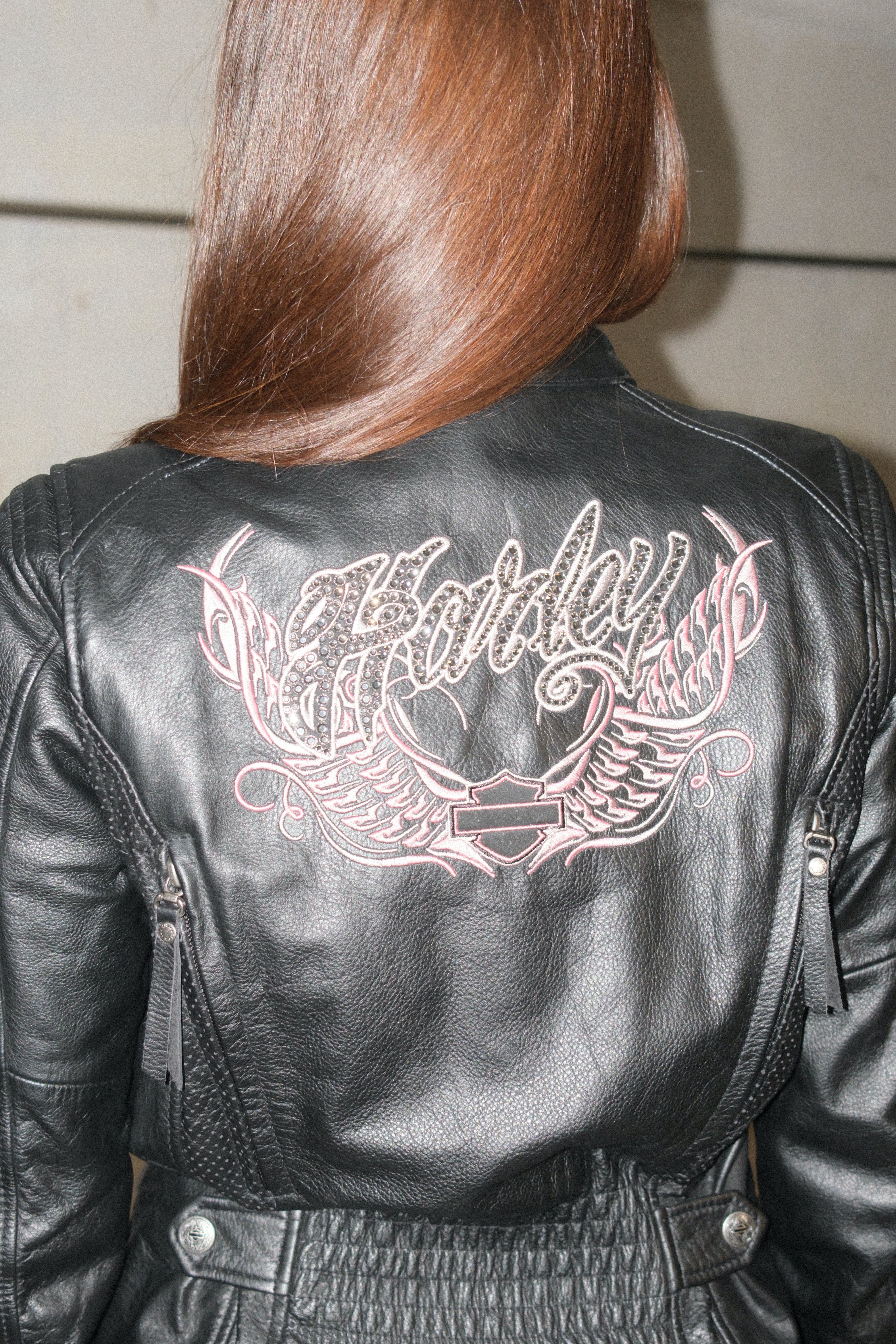 Harley Davidson Fitted Leather Jacket With Pink Details And Sparkle