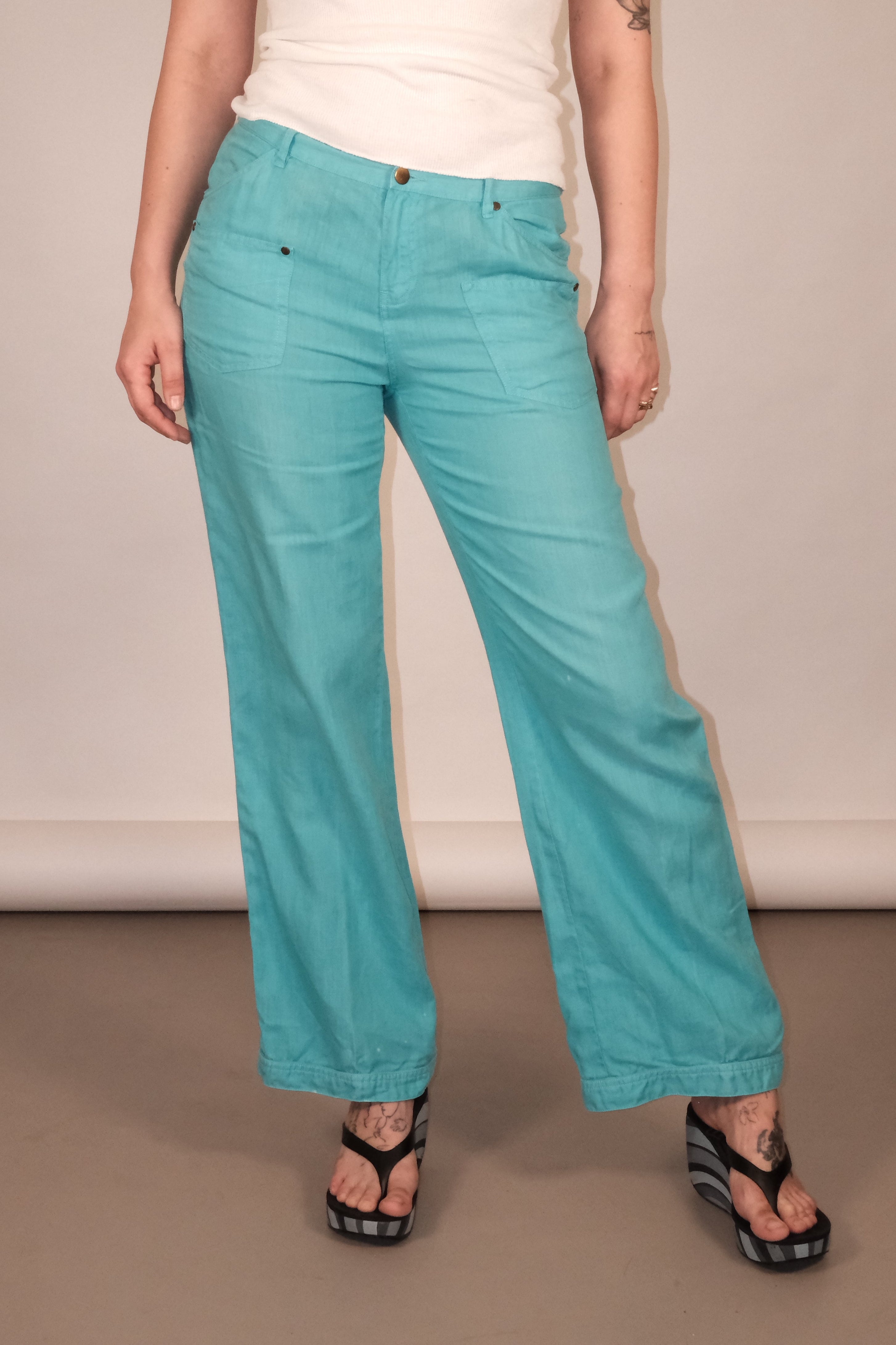 Turquoise Wide-Leg Linen Trousers Size 38