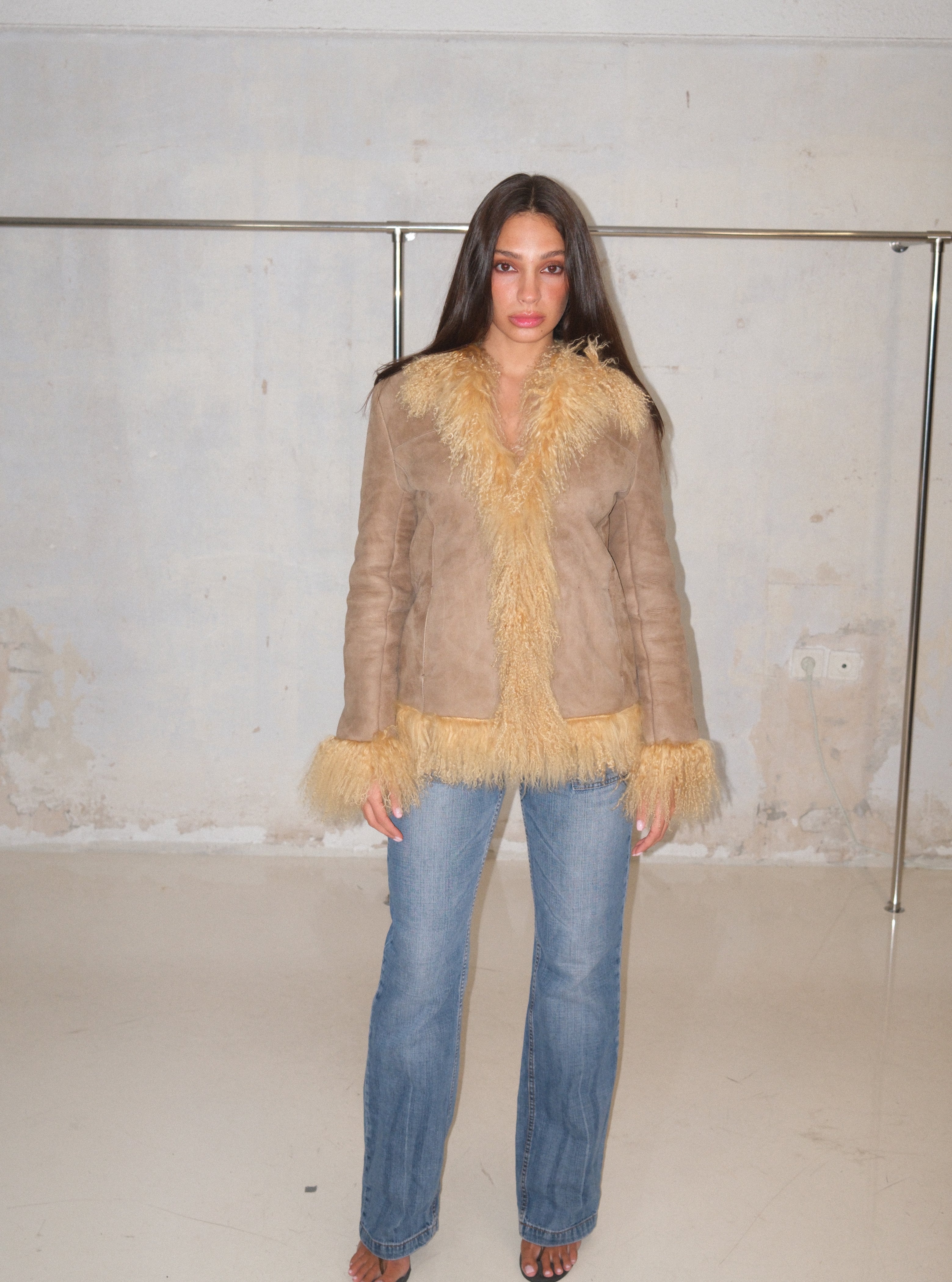 Buttery Yellow Feathered Fur Beige Suede Coat