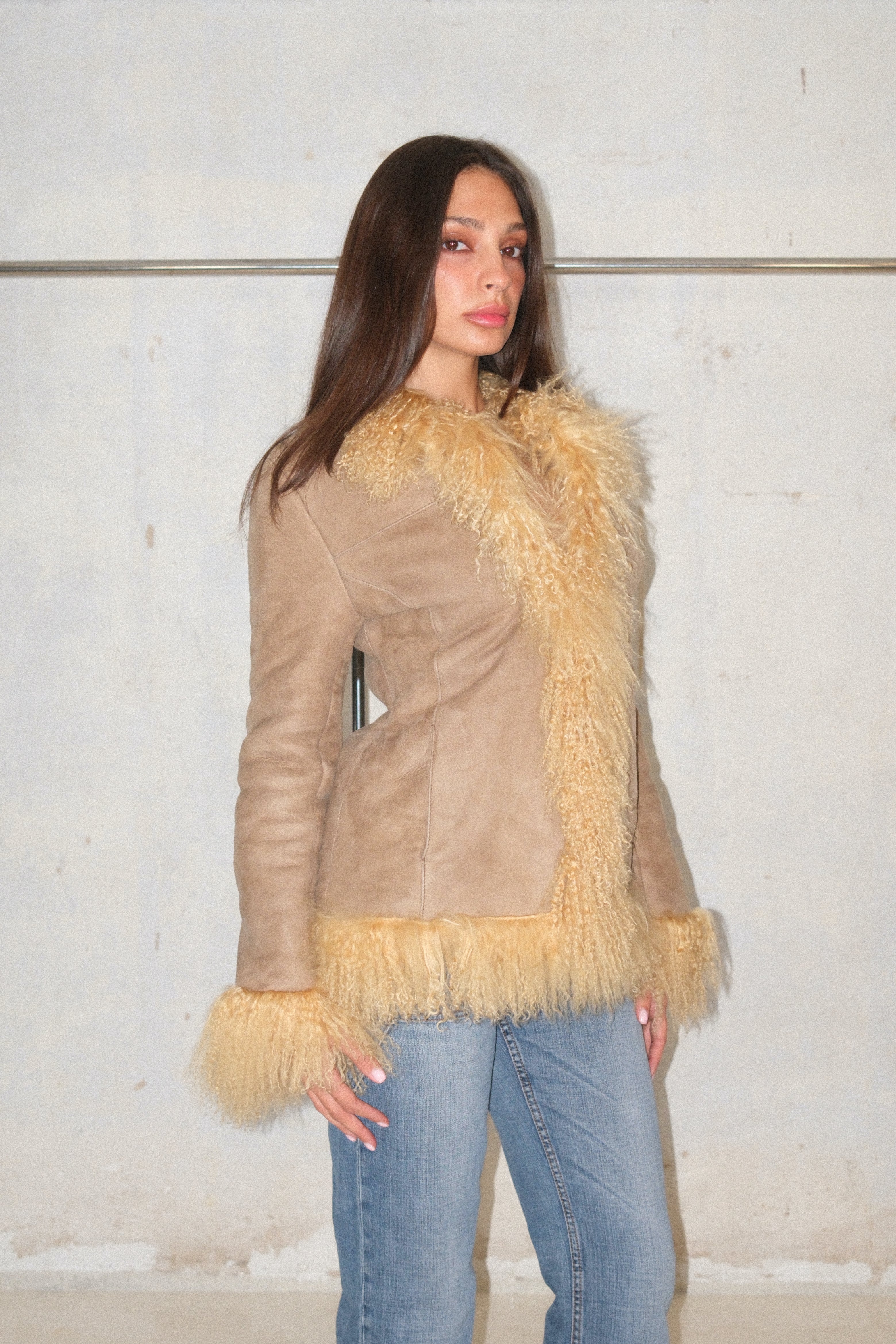 Buttery Yellow Feathered Fur Beige Suede Coat