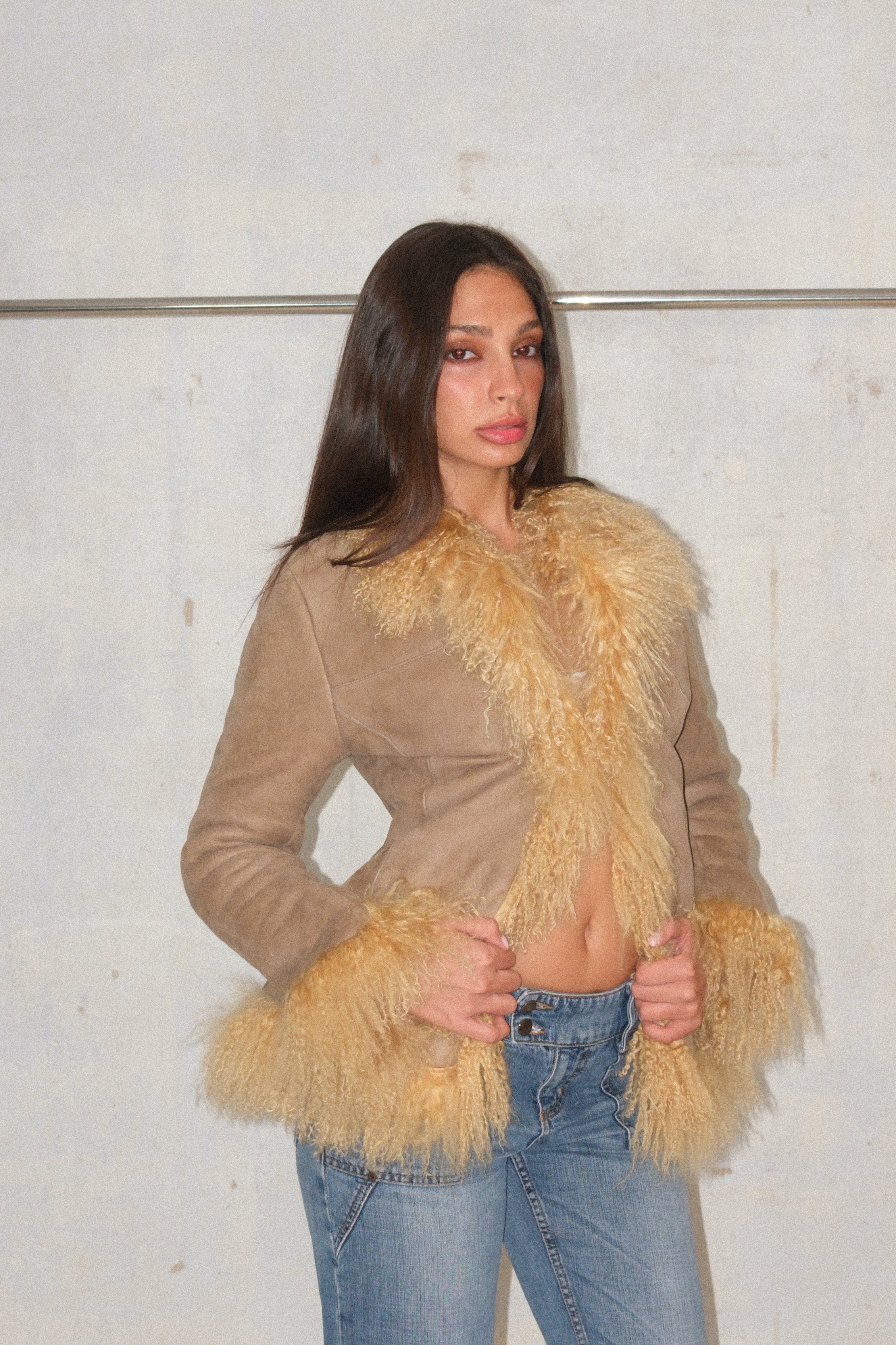 Buttery Yellow Feathered Fur Beige Suede Coat