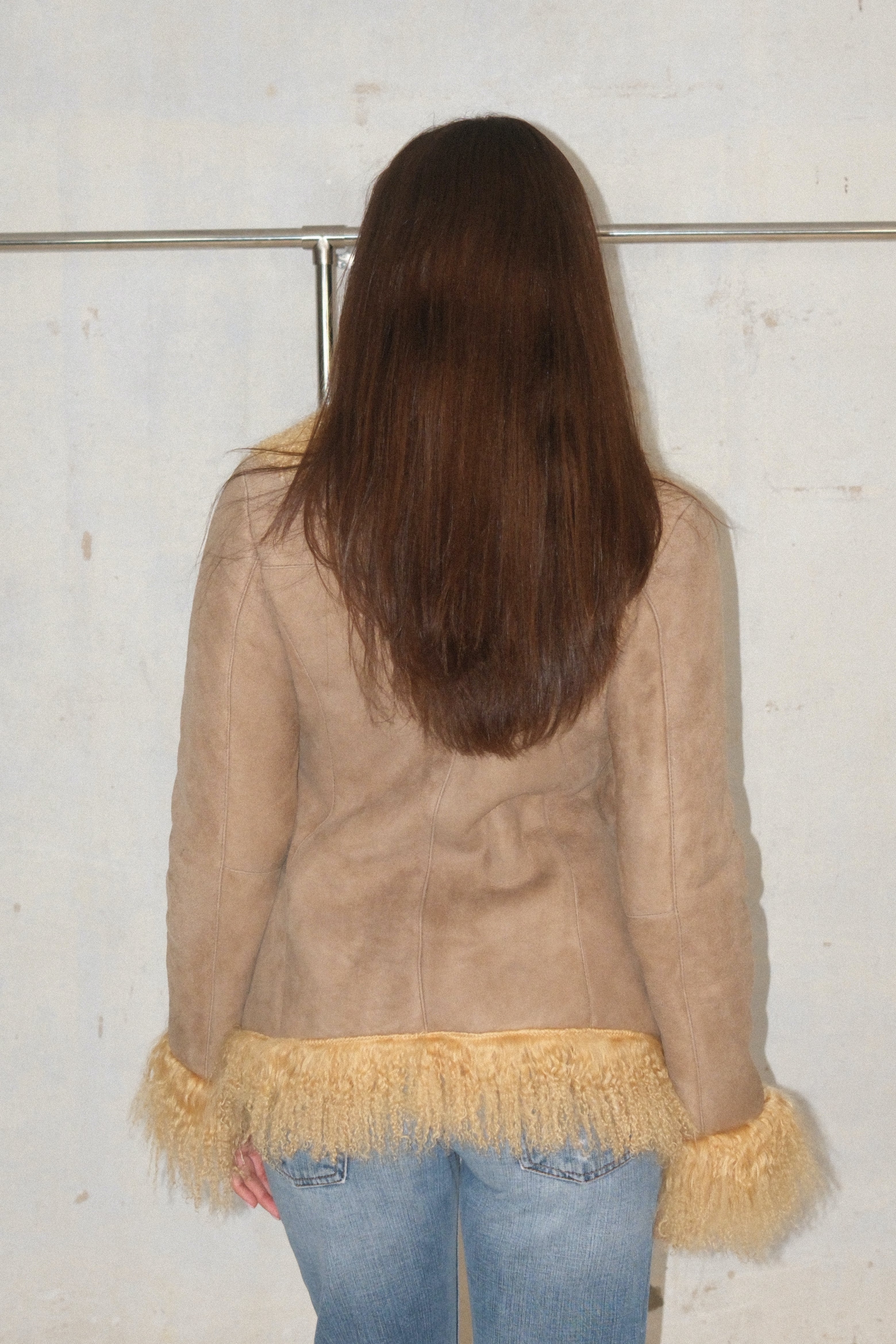 Buttery Yellow Feathered Fur Beige Suede Coat