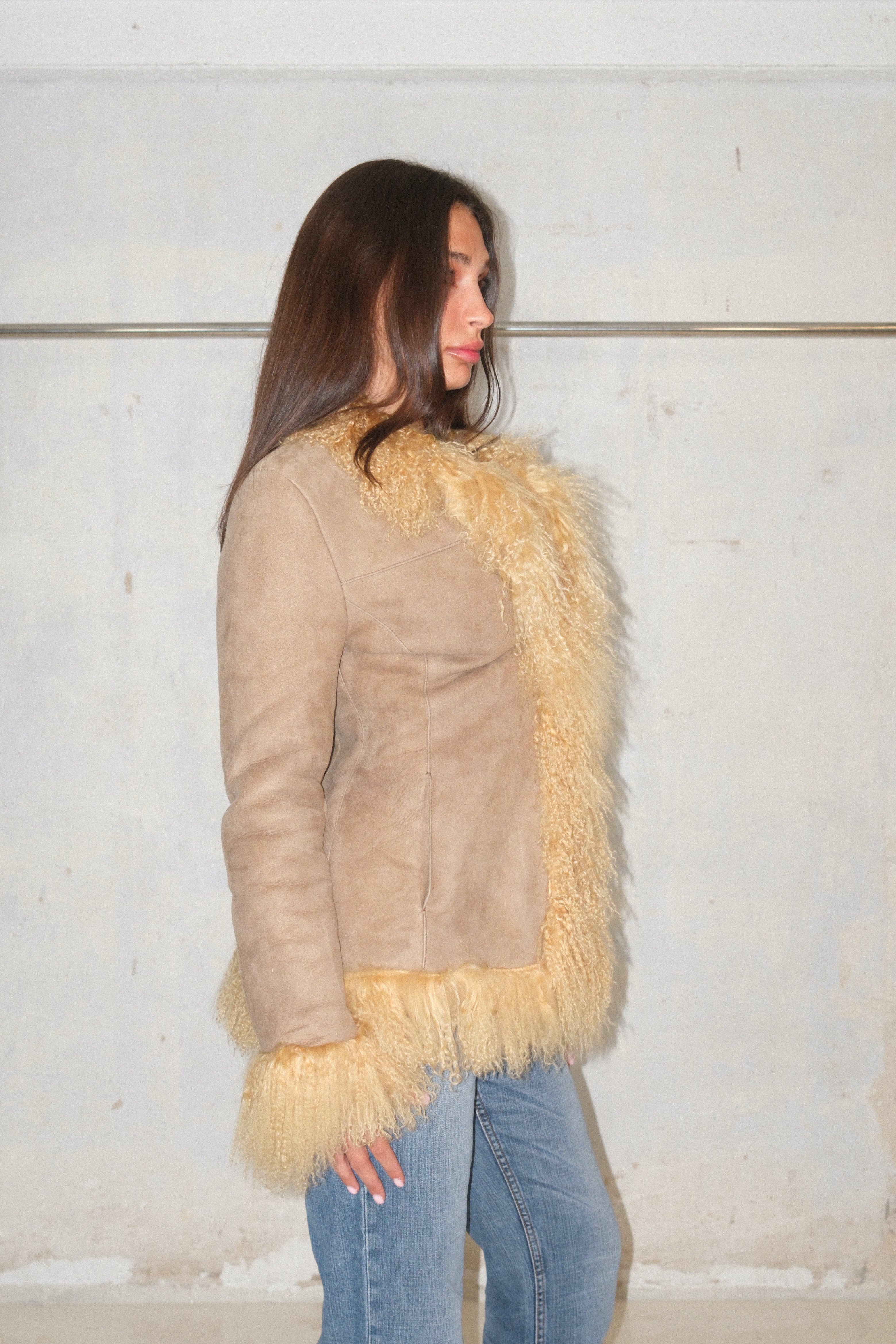 Buttery Yellow Feathered Fur Beige Suede Coat