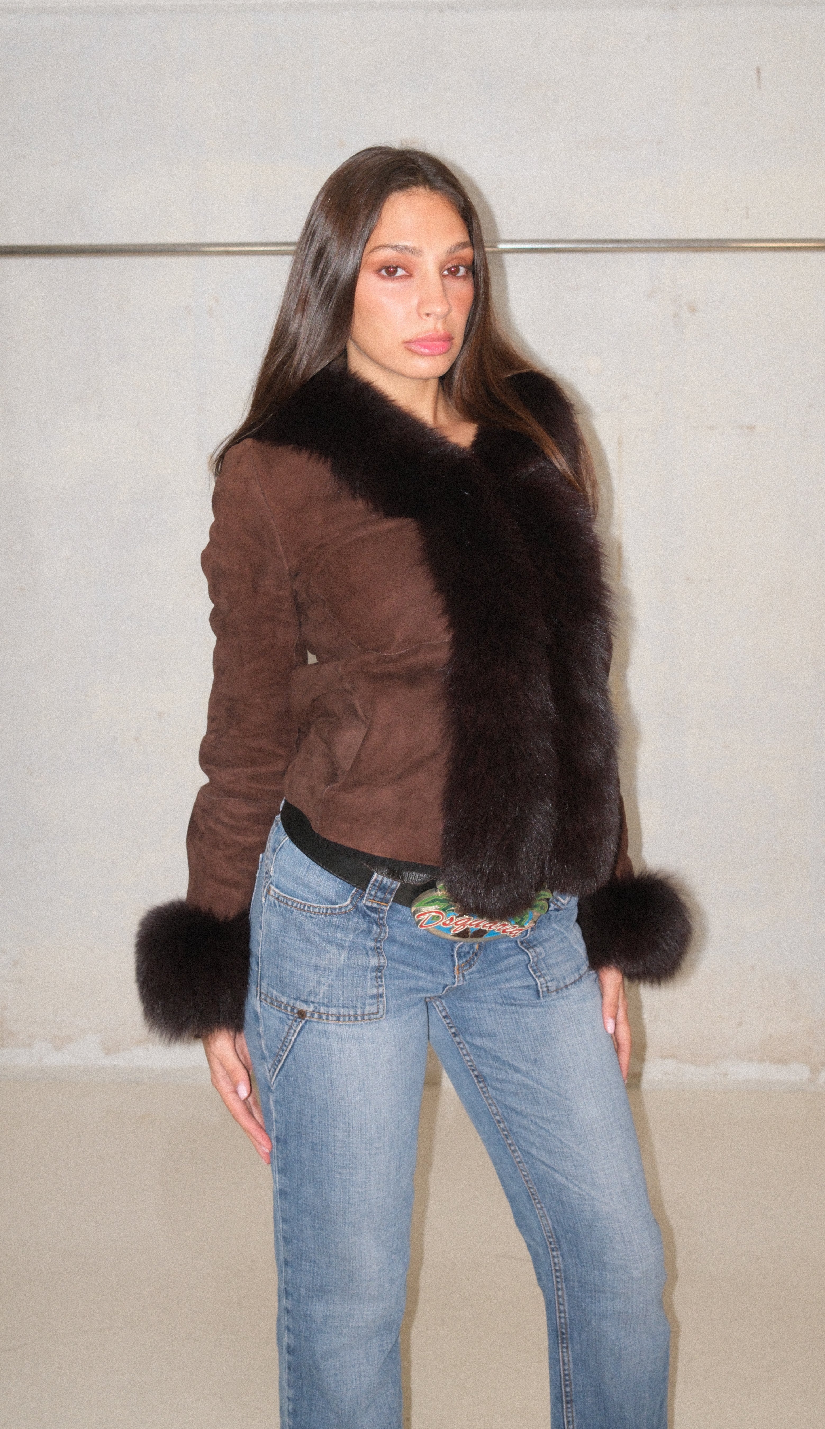 Espresso Rich Brown Suede Leather Coat With Fur
