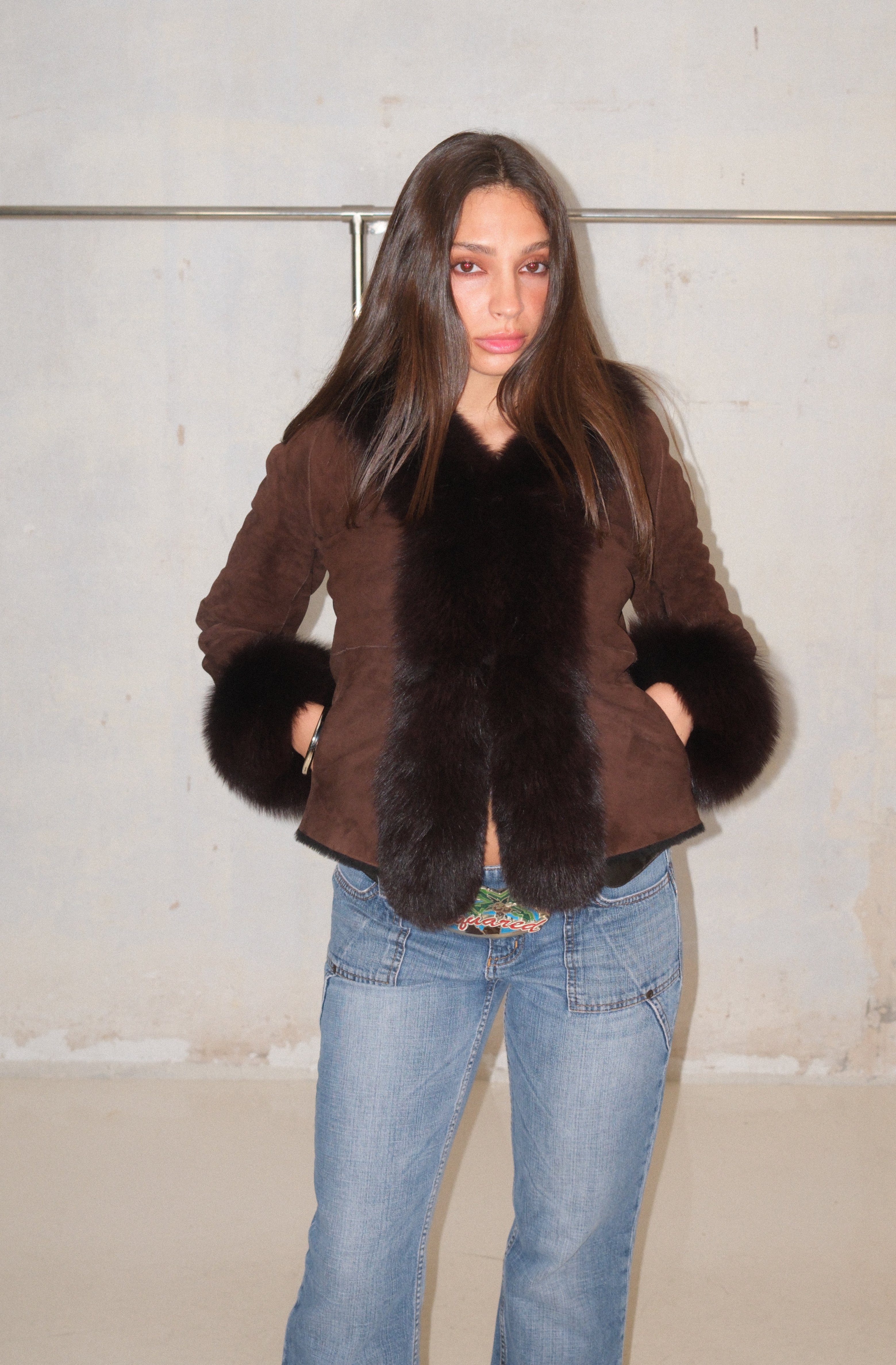 Espresso Rich Brown Suede Leather Coat With Fur