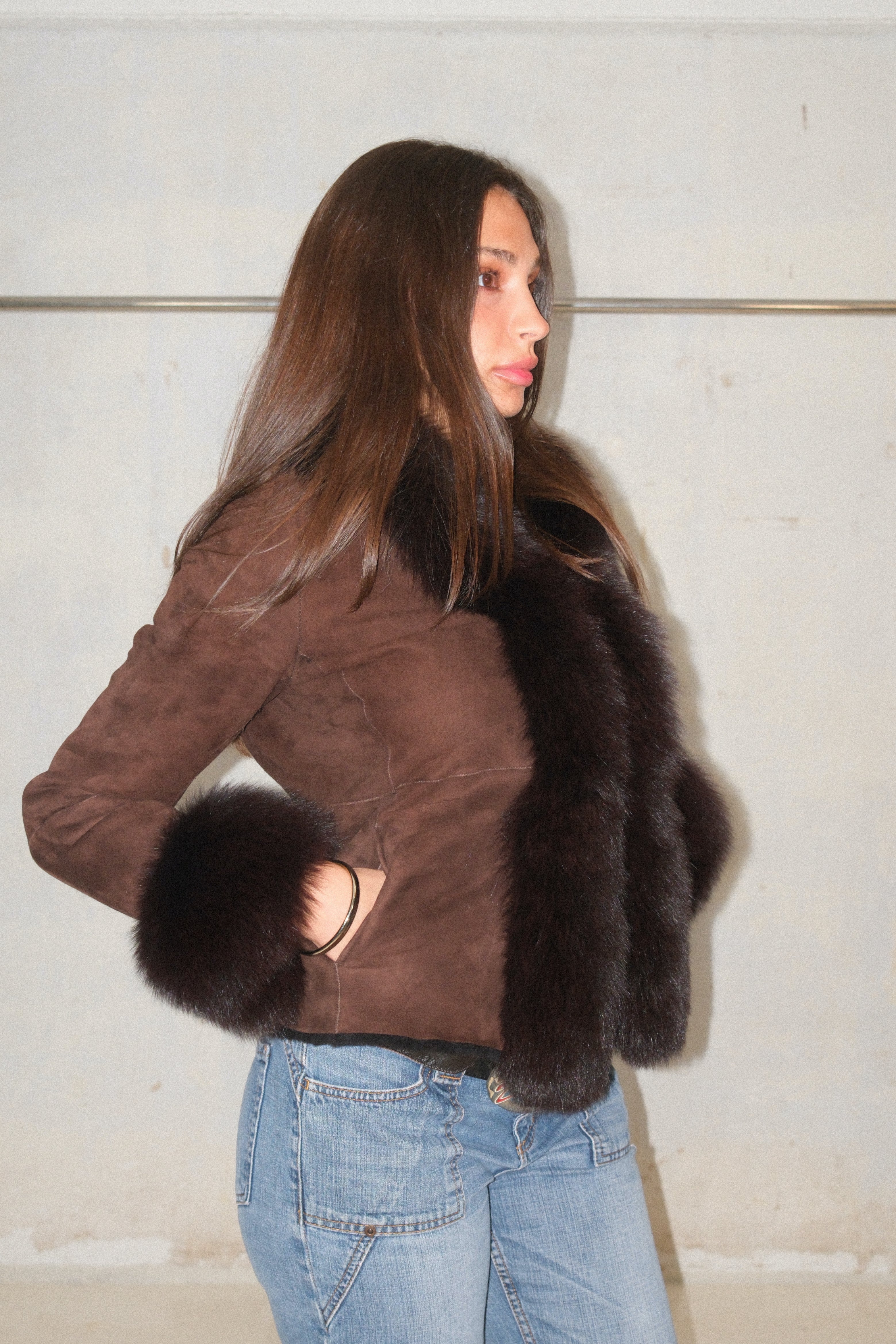 Espresso Rich Brown Suede Leather Coat With Fur