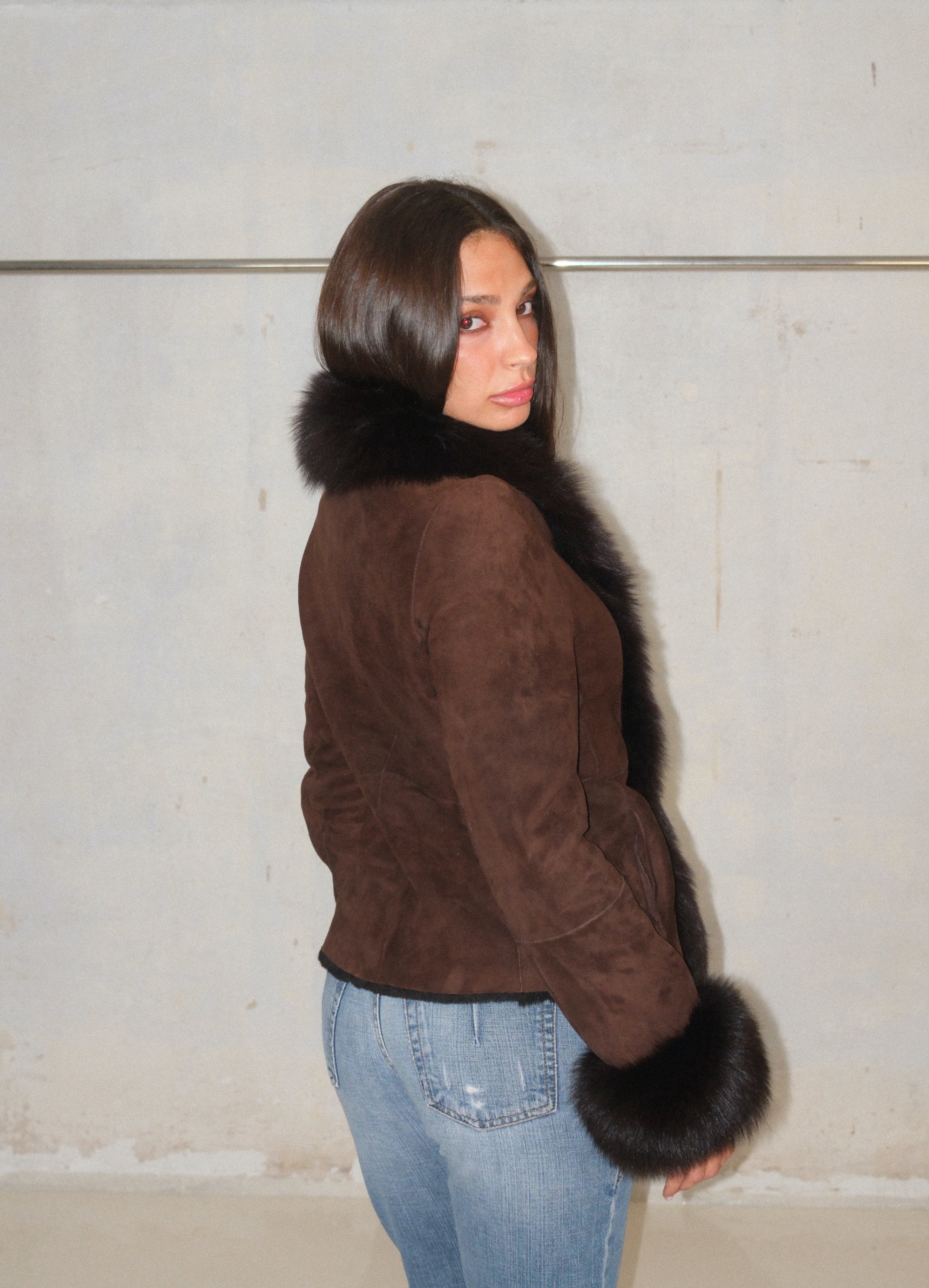 Espresso Rich Brown Suede Leather Coat With Fur