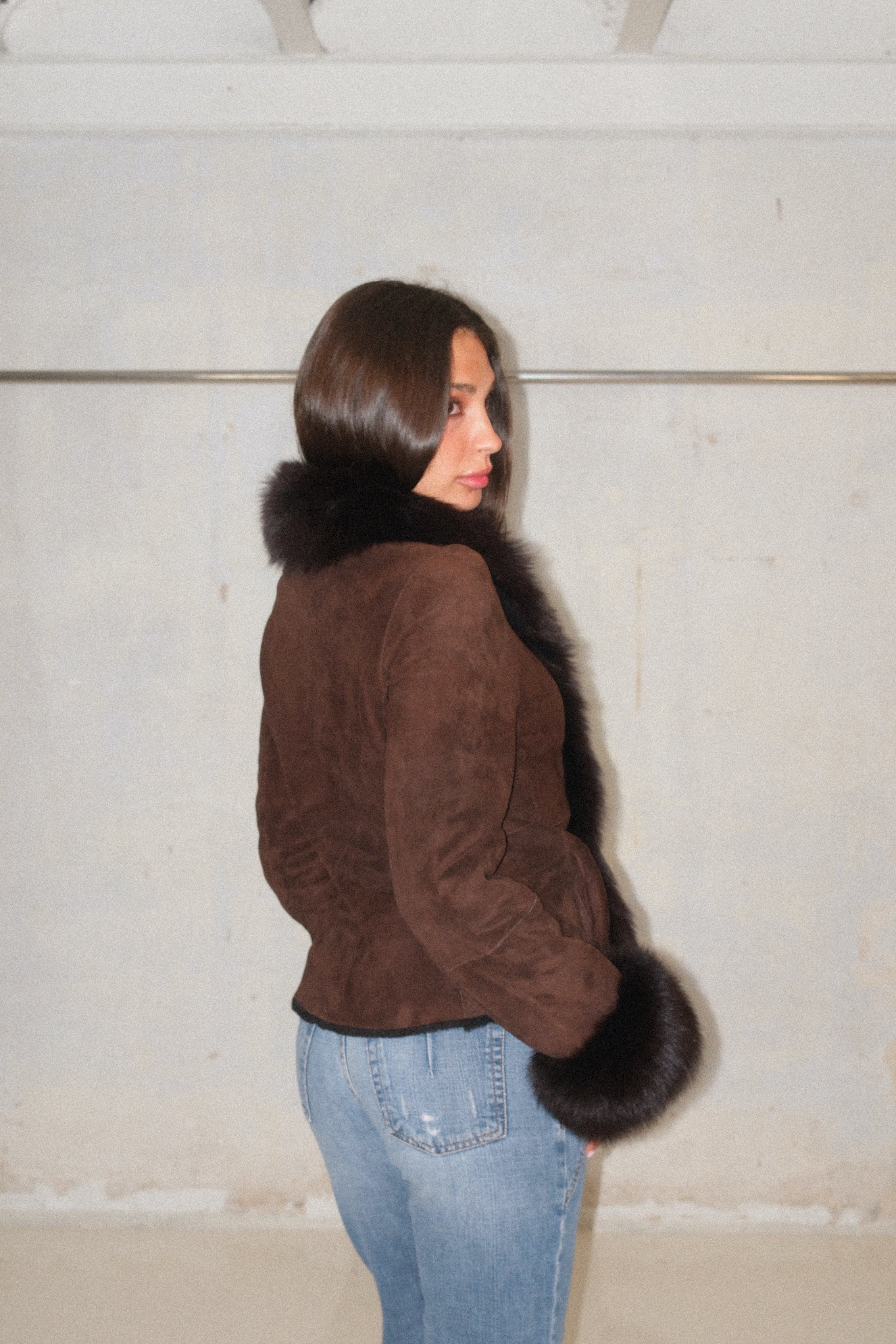 Espresso Rich Brown Suede Leather Coat With Fur