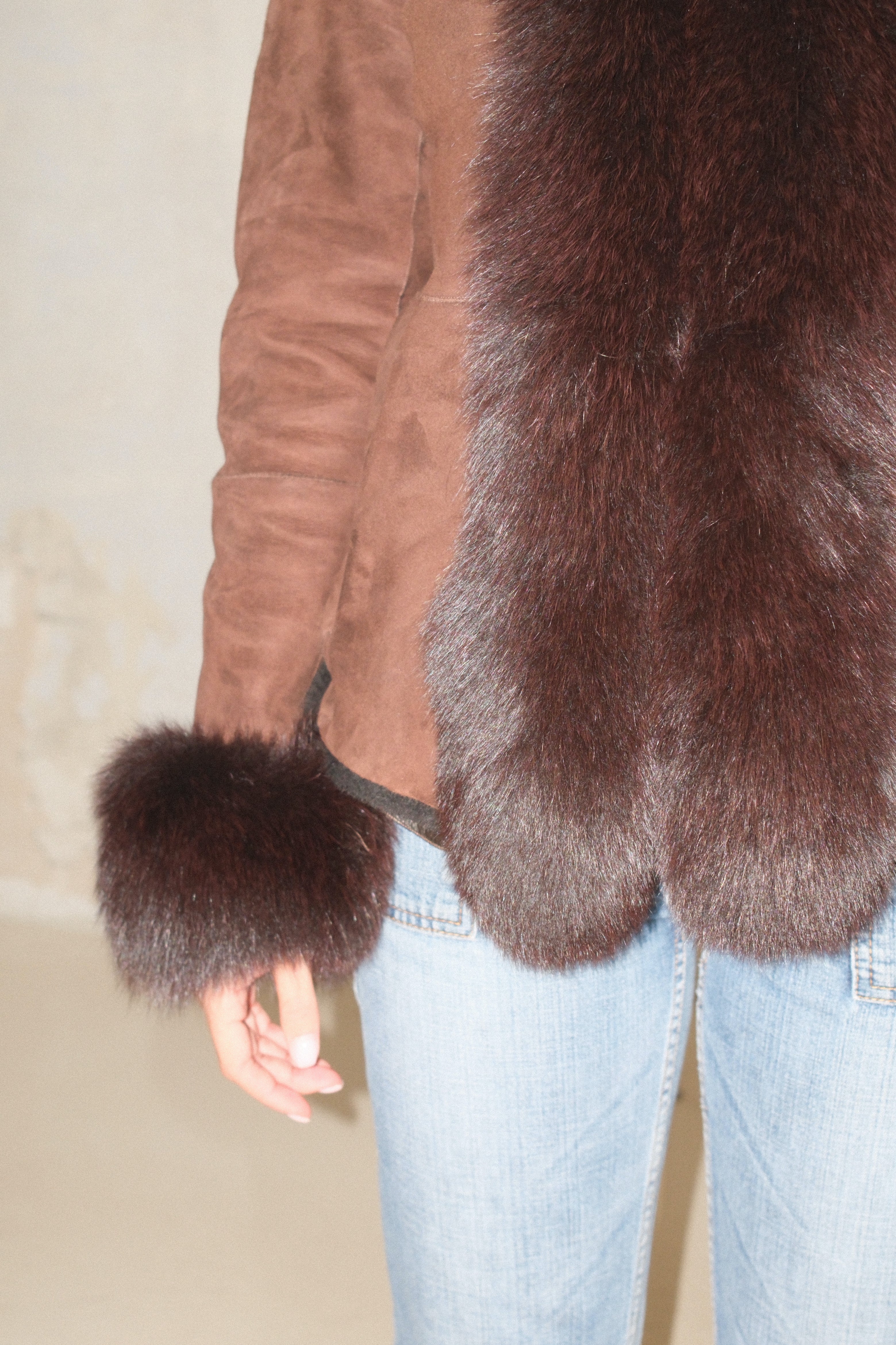 Espresso Rich Brown Suede Leather Coat With Fur