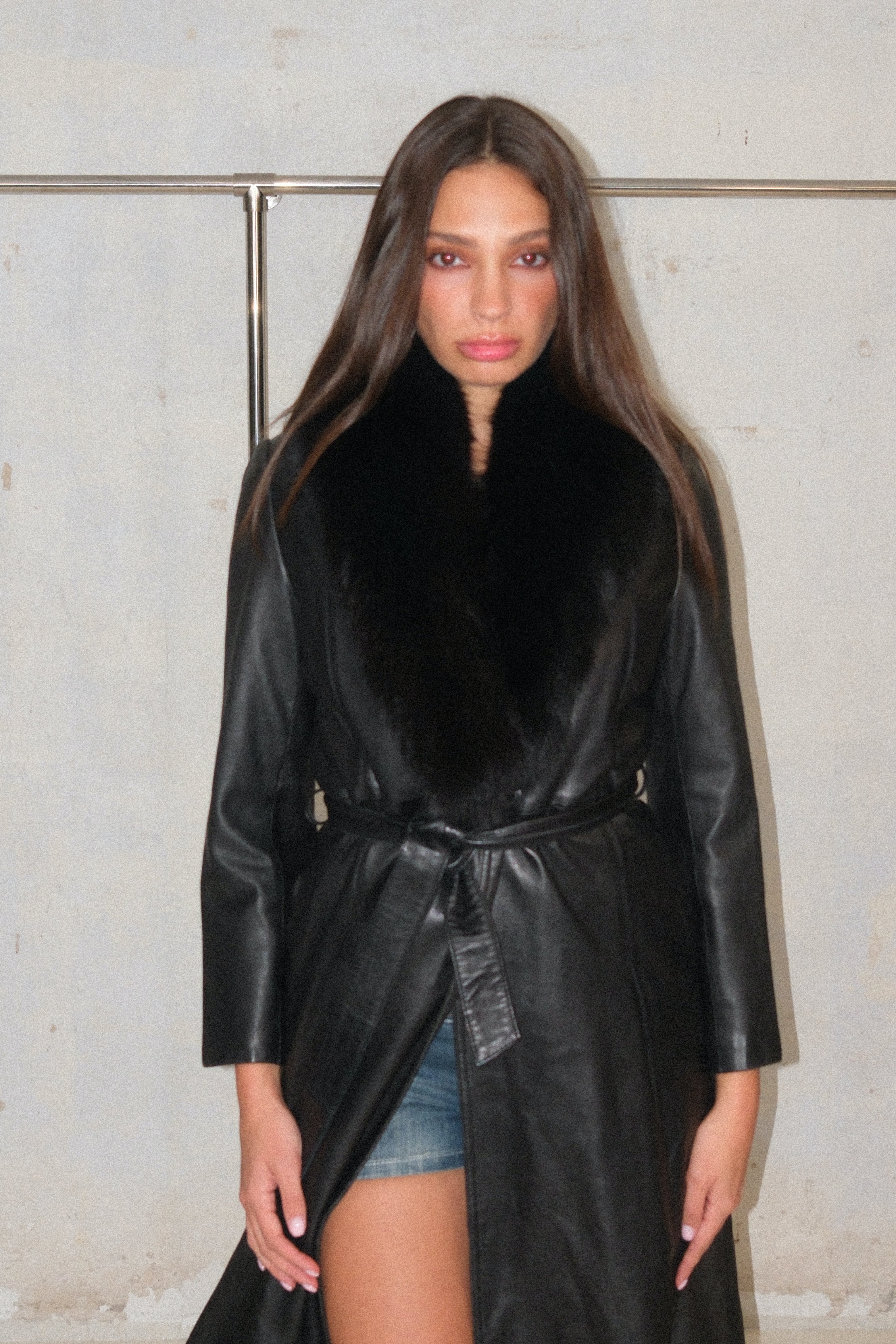 Classic Long Black Leather Coat With Black Fur