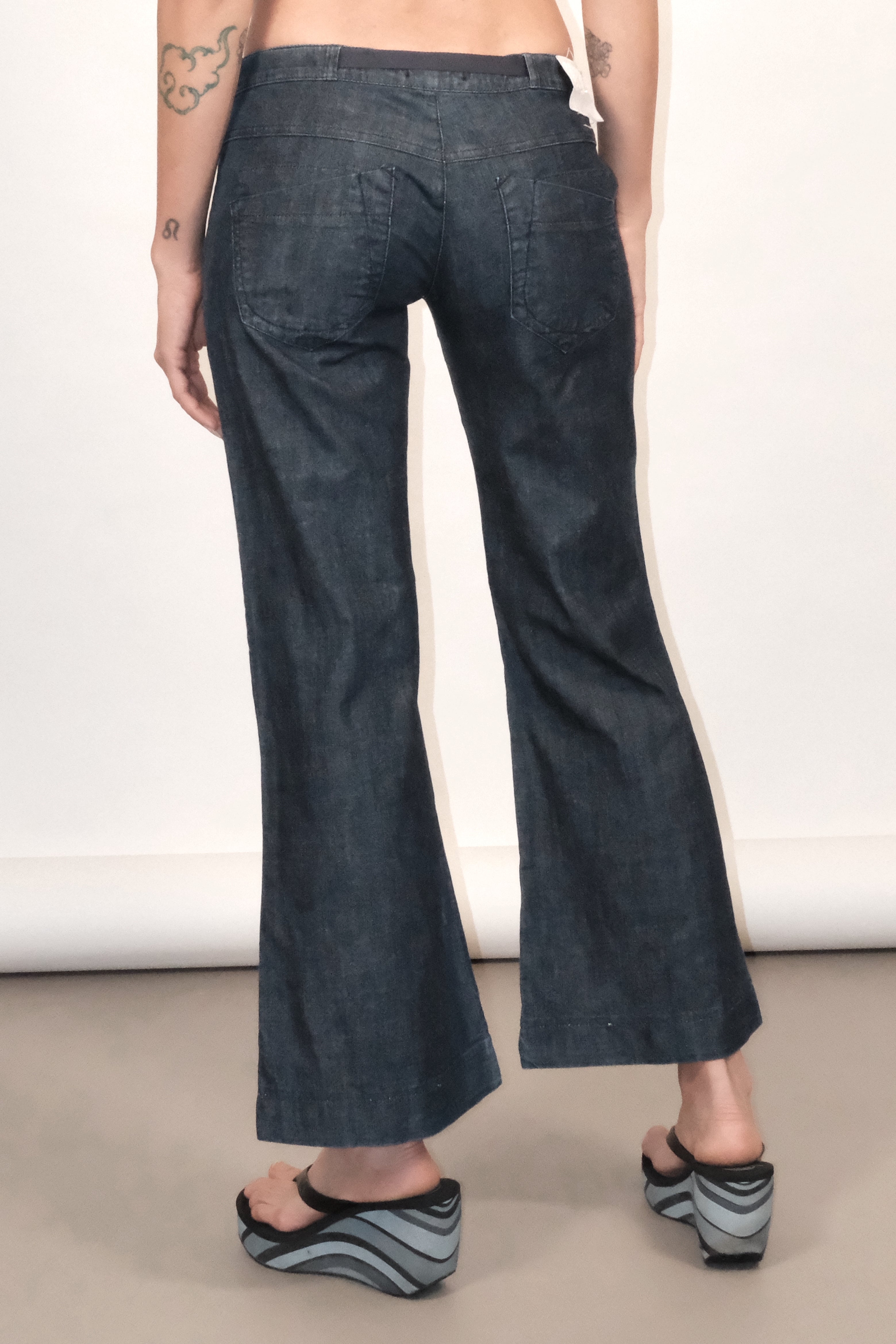 Wide-Leg Denim Pants with Flap Pockets and Waist Tie Size 36