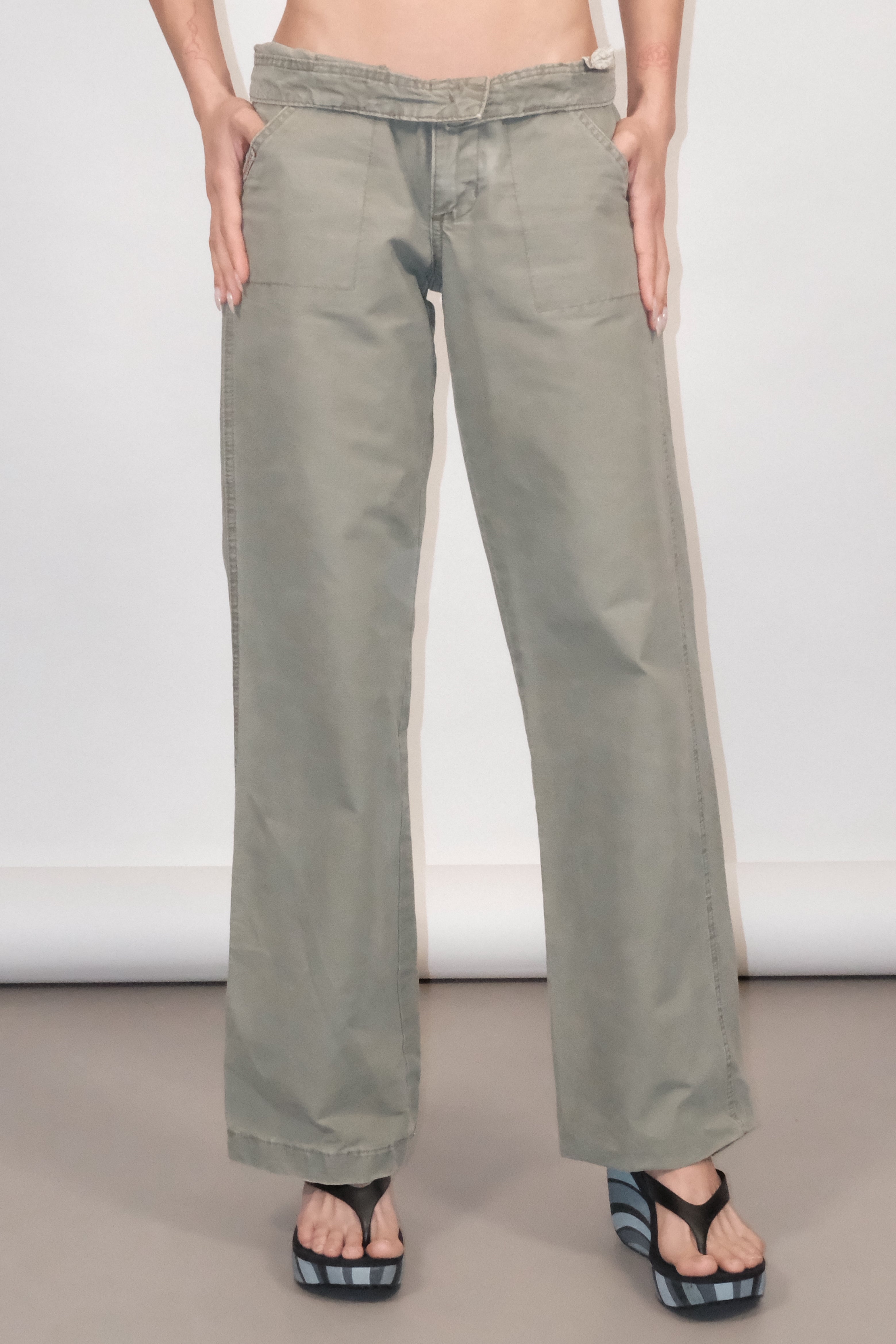 Cargo Wide Leg Pants With Pockets In Khaki Size 38