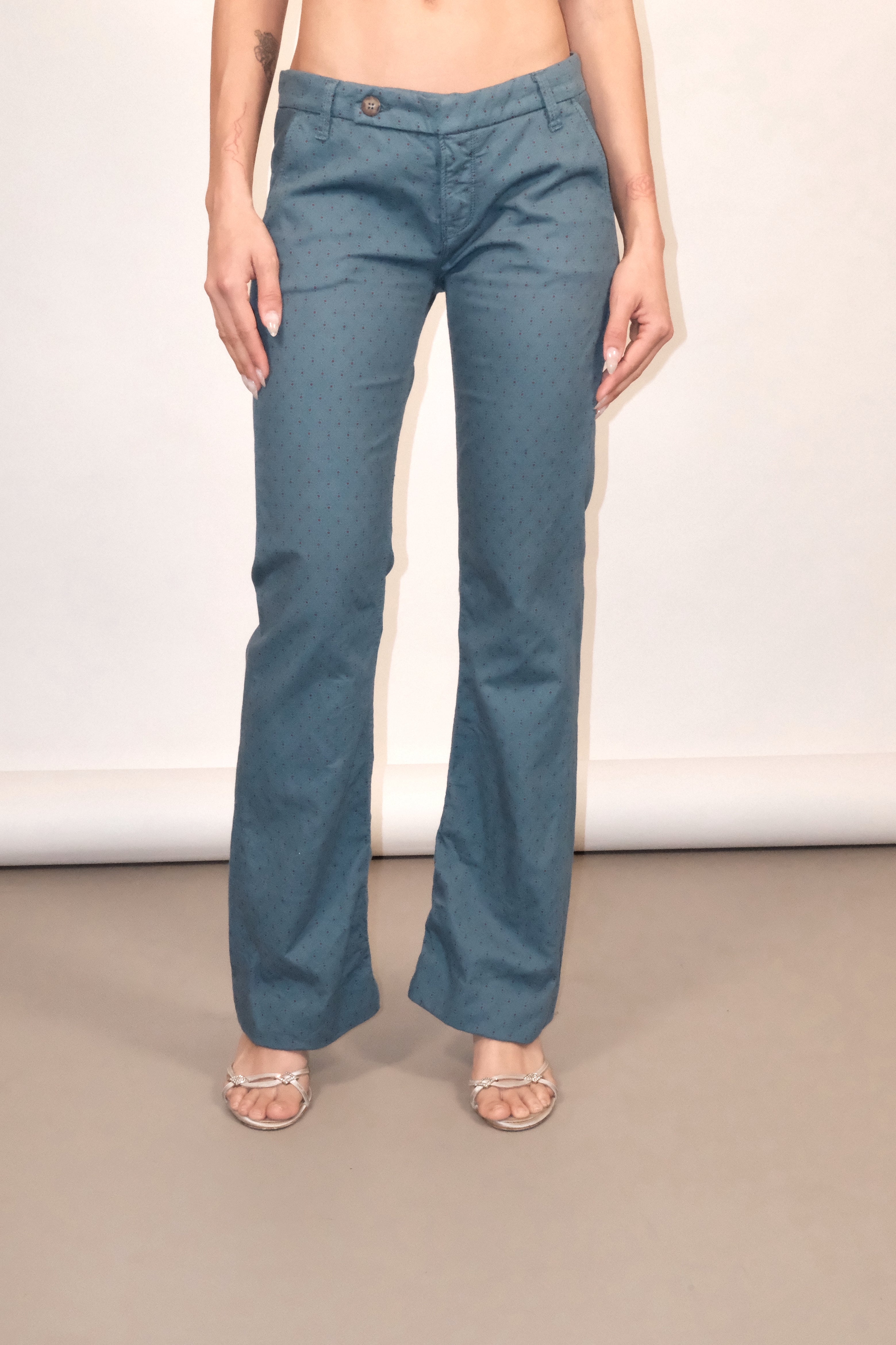 Low-Rise Straight-Leg Trousers in Blue with Burgundy Details Size 36