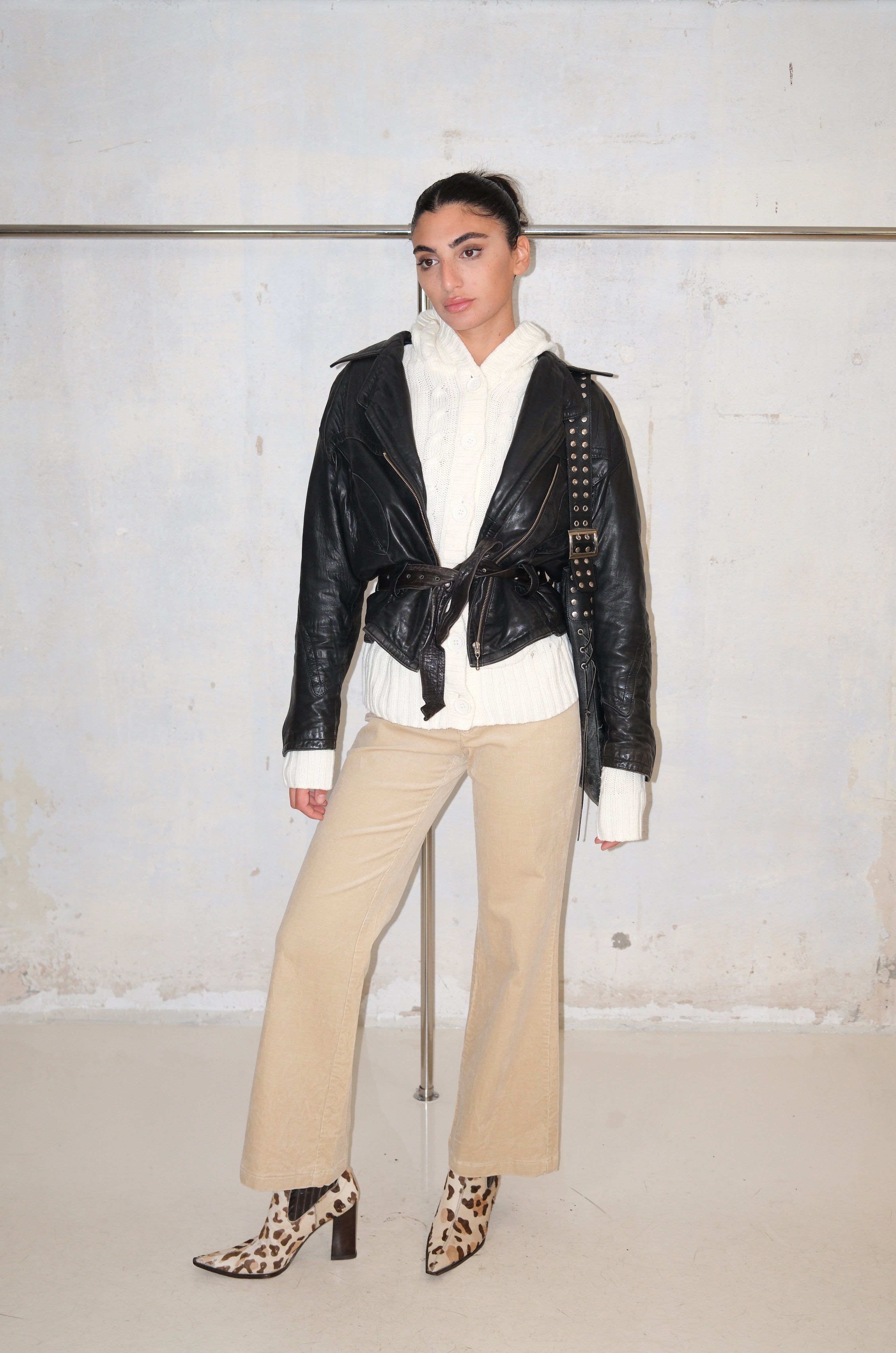 ROCKER CHUNKY BLACK LEATHER TIE WAIST COAT