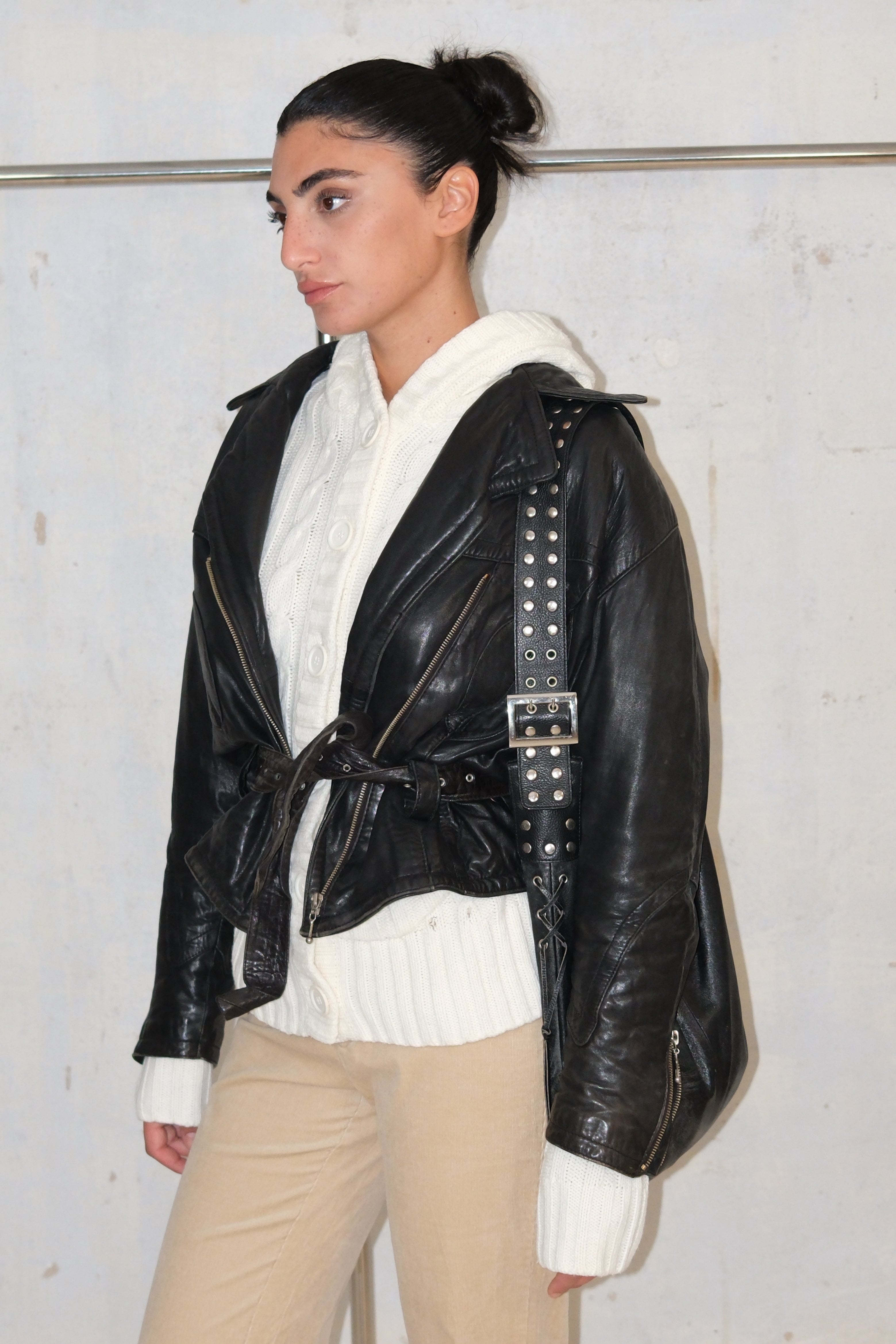 ROCKER CHUNKY BLACK LEATHER TIE WAIST COAT