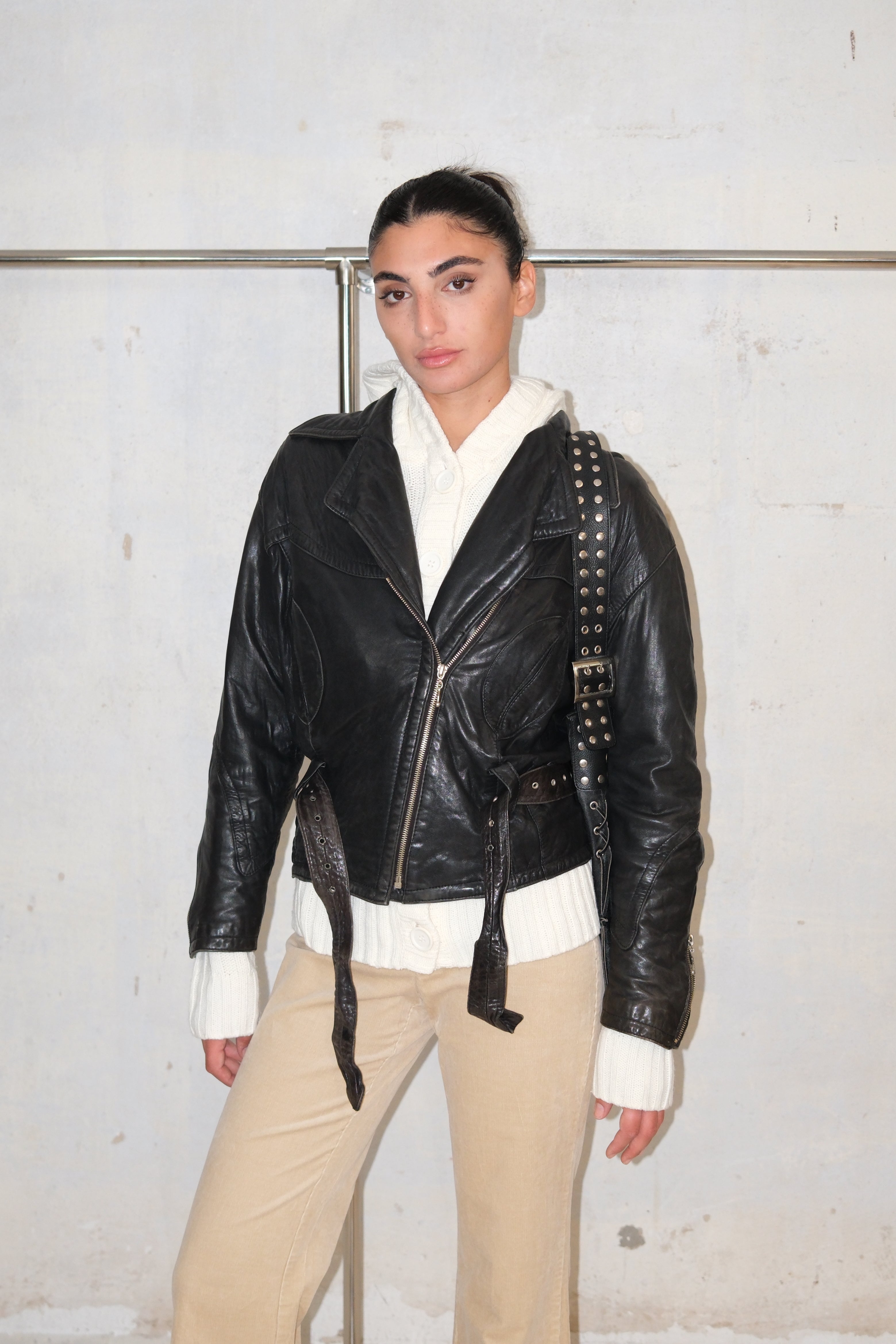 ROCKER CHUNKY BLACK LEATHER TIE WAIST COAT