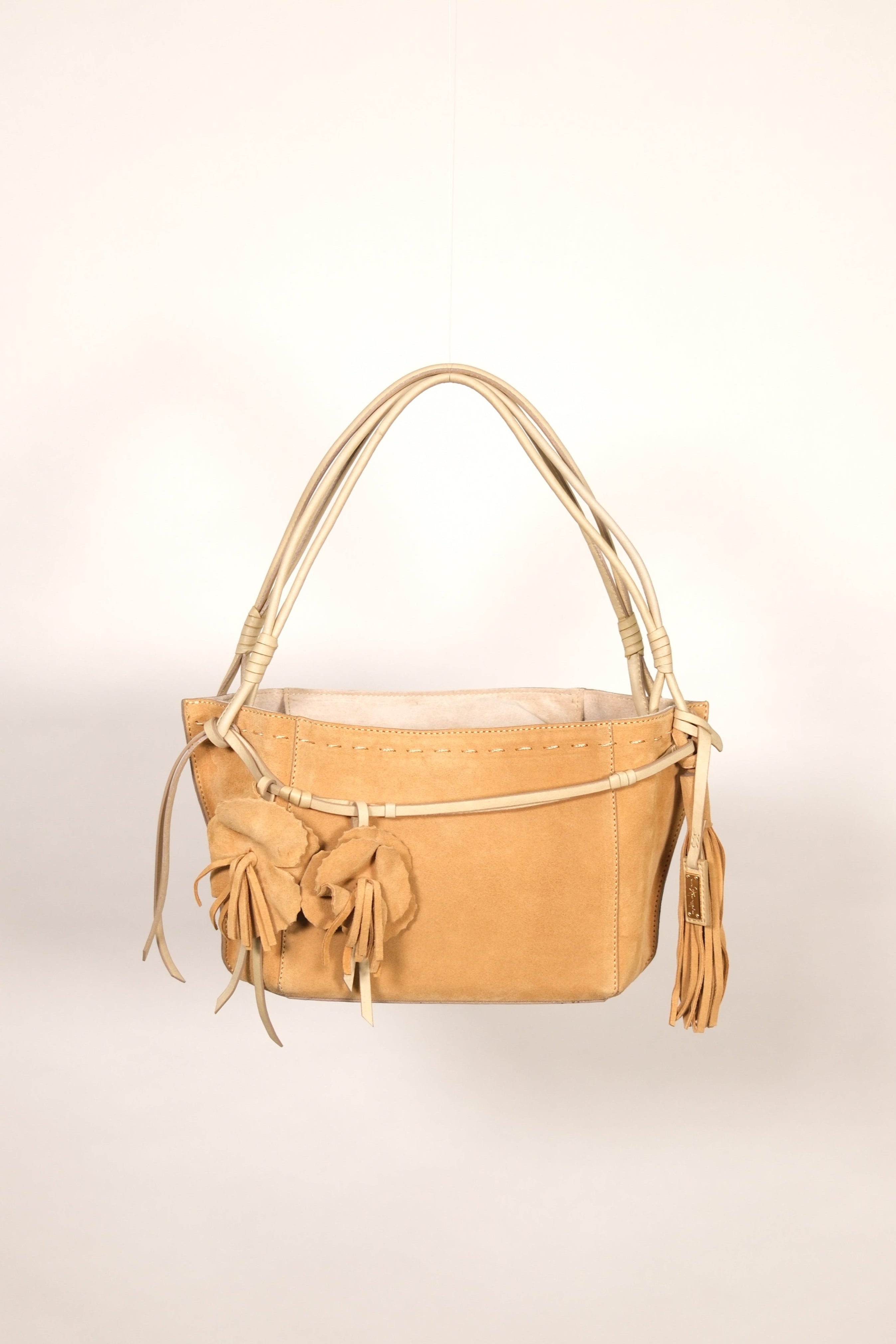 Ginza Tan Suede Shoulder Bag with Floral Details