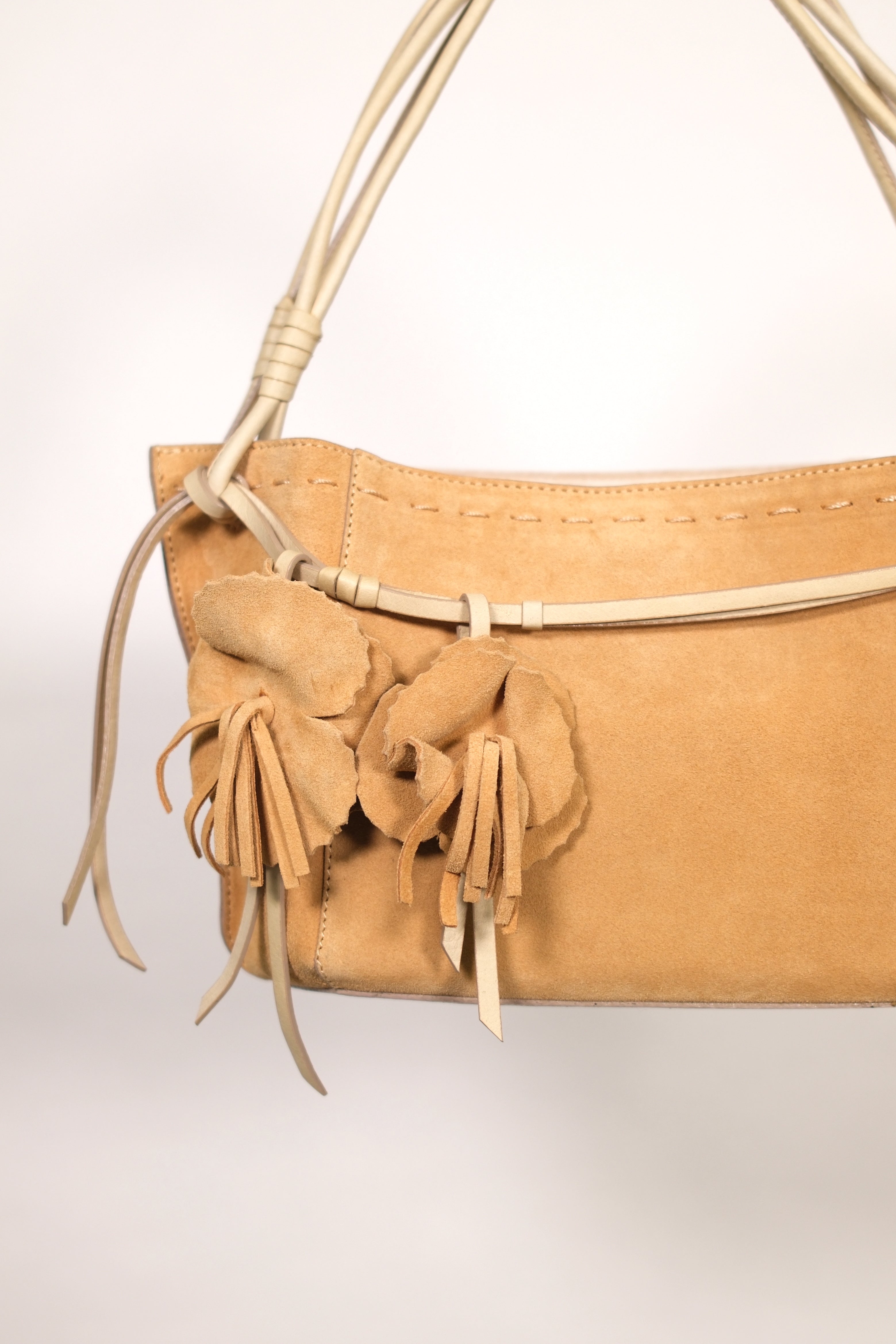 Ginza Tan Suede Shoulder Bag with Floral Details