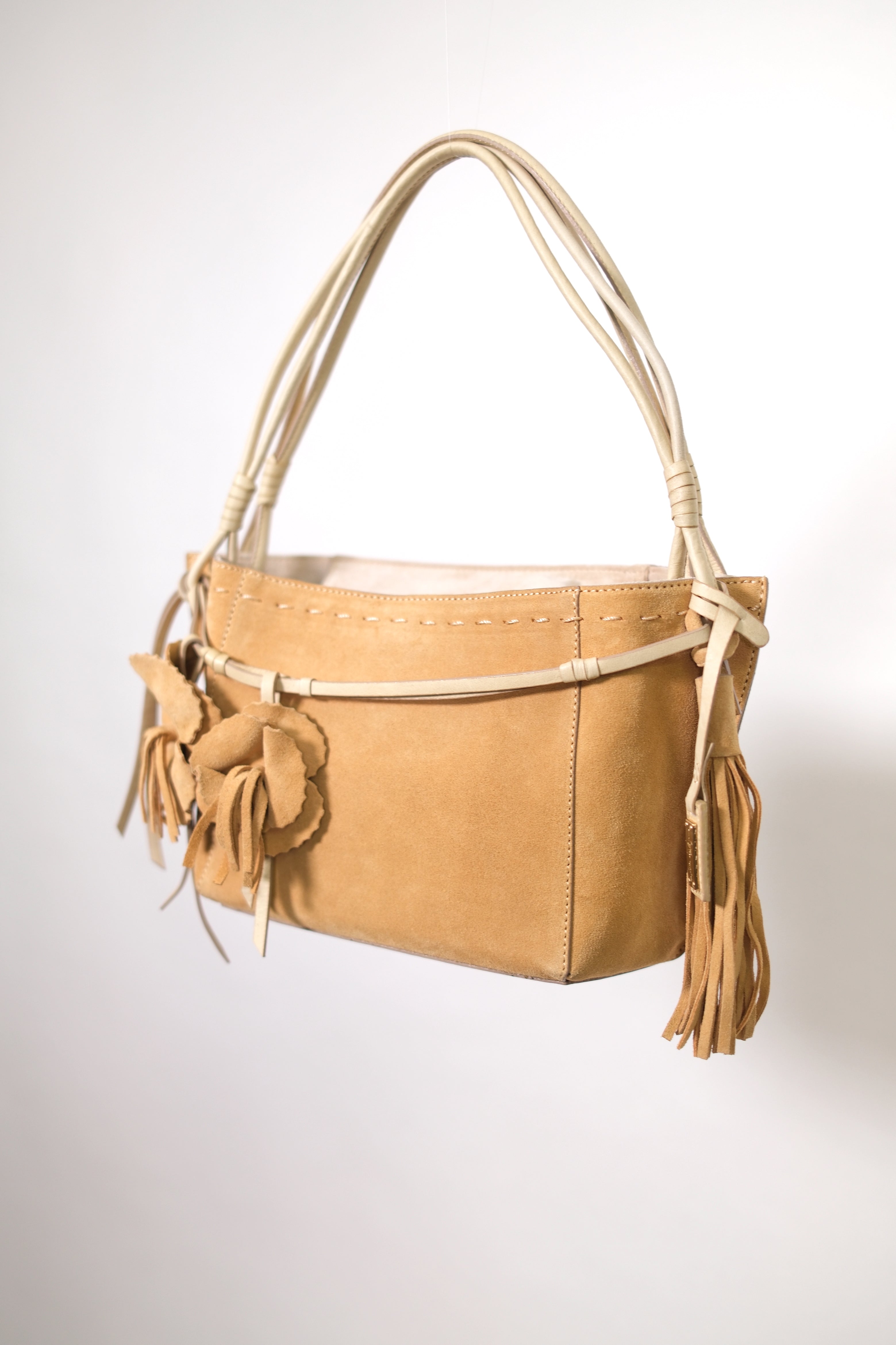 Ginza Tan Suede Shoulder Bag with Floral Details