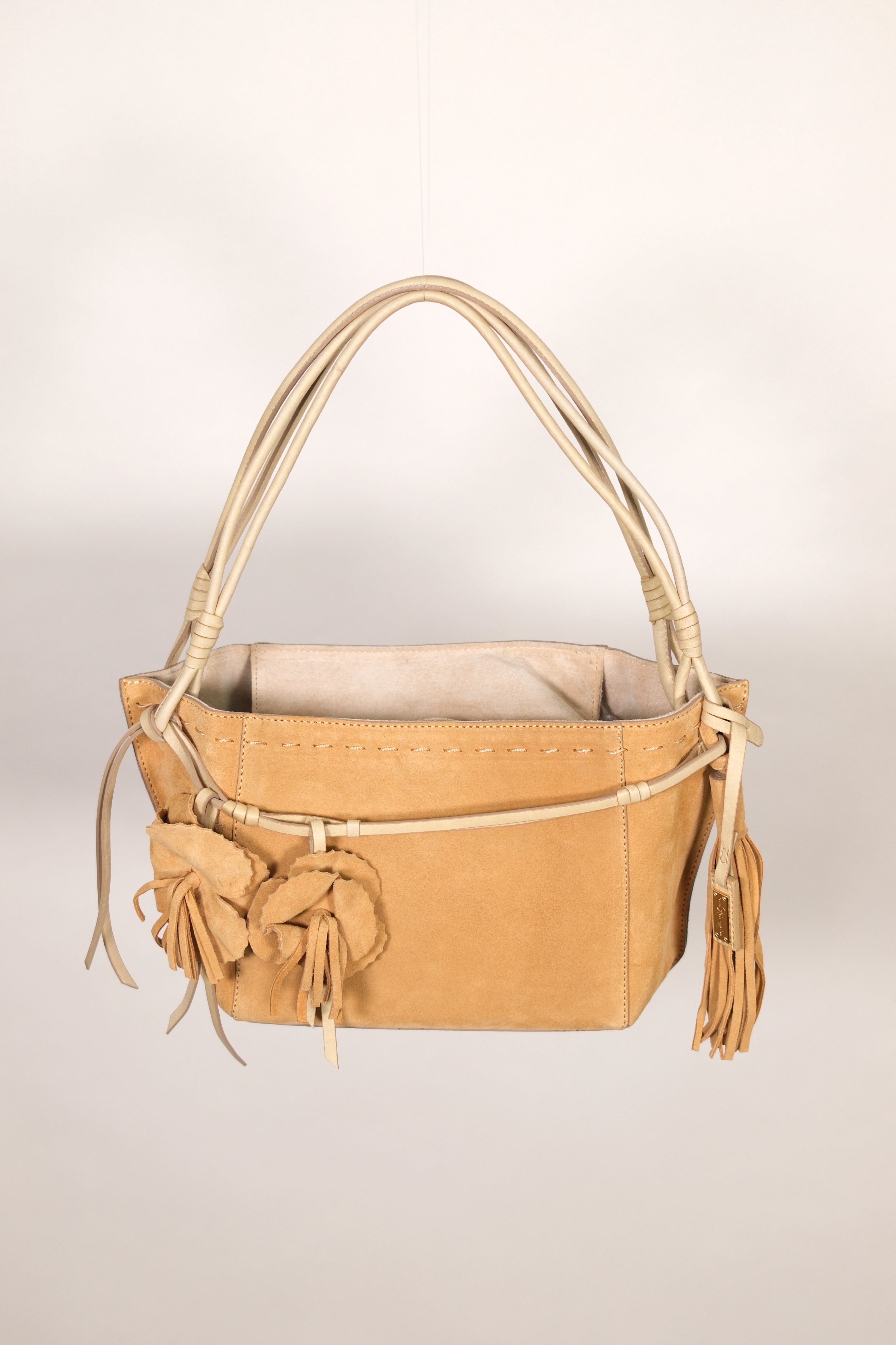 Ginza Tan Suede Shoulder Bag with Floral Details
