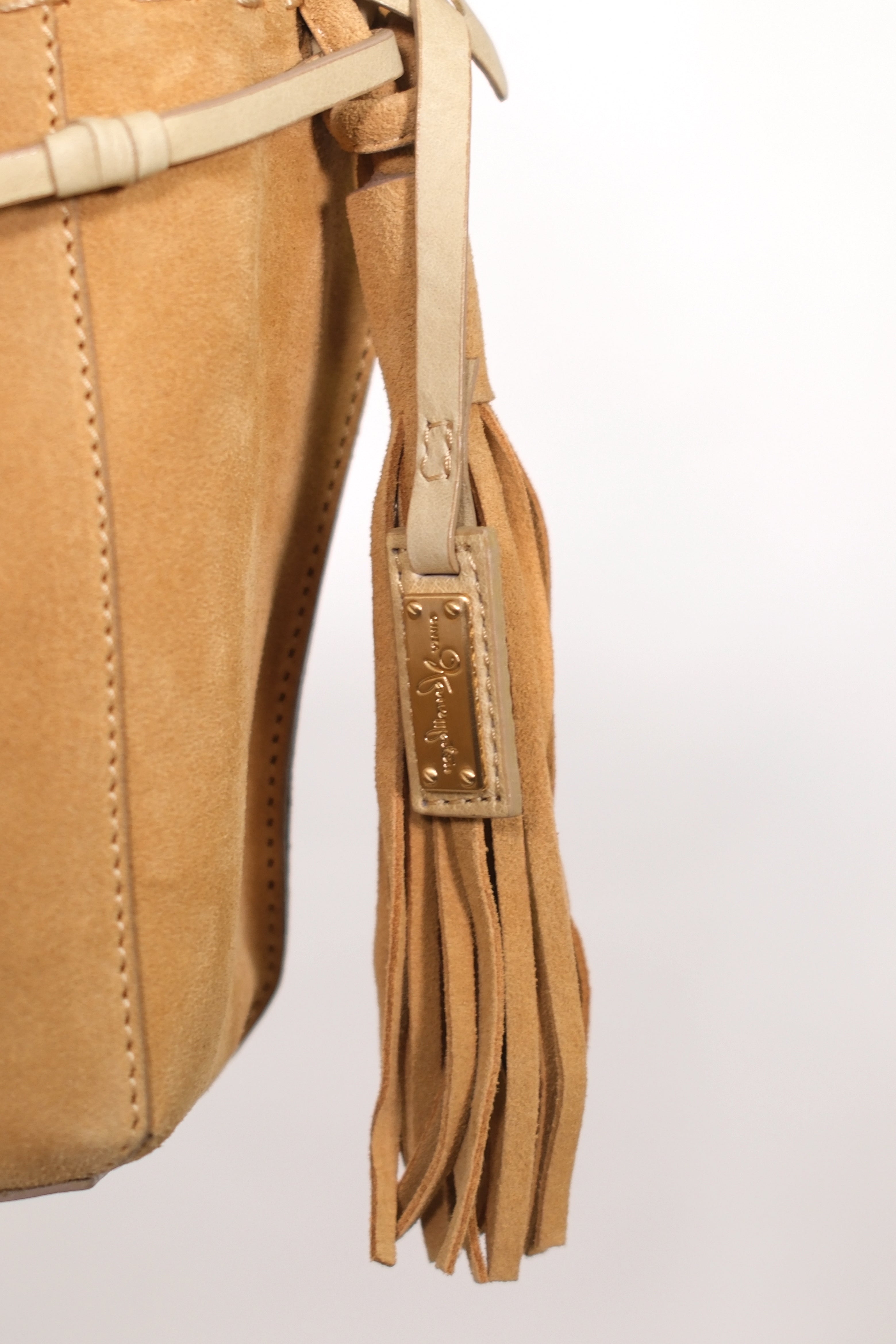 Ginza Tan Suede Shoulder Bag with Floral Details