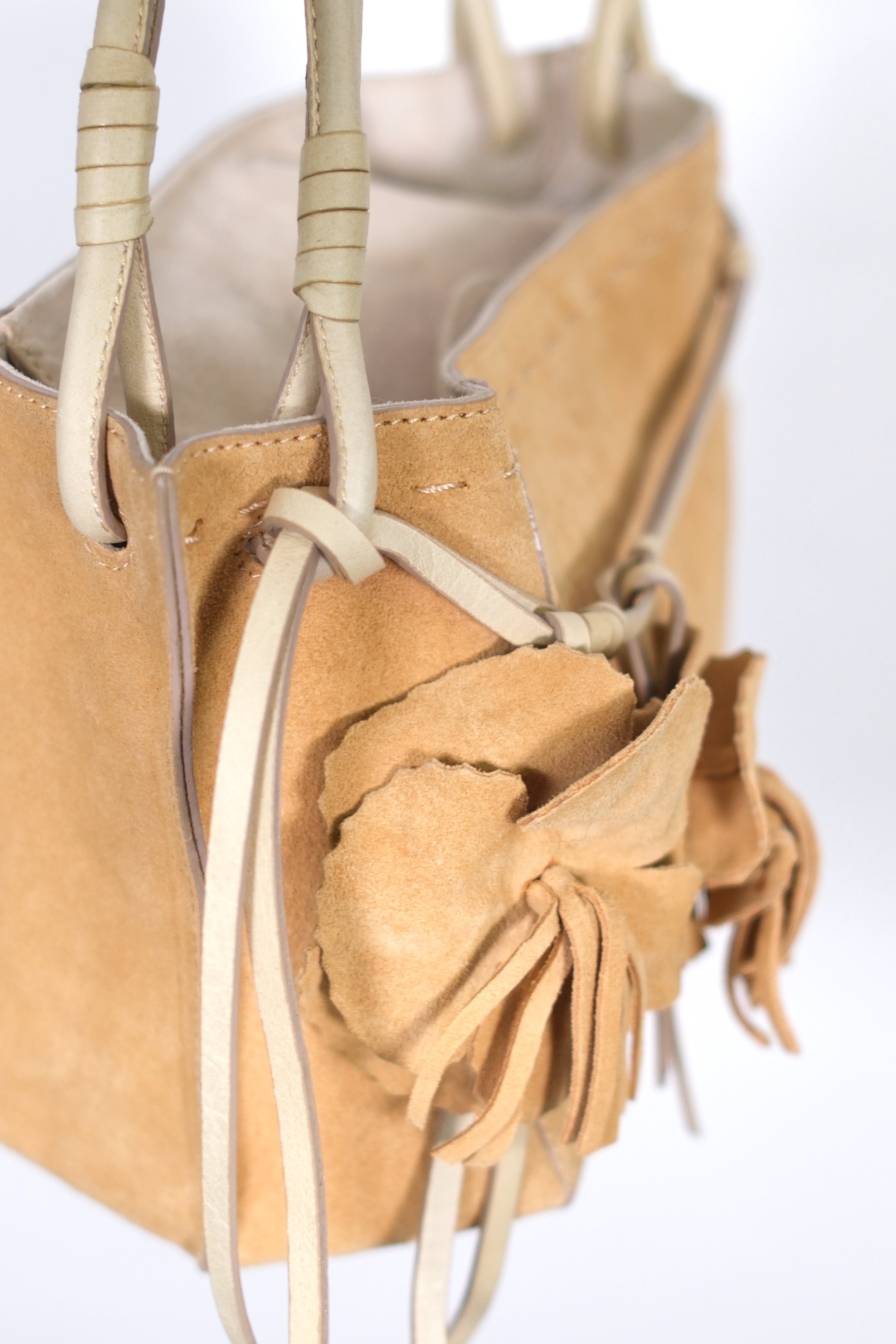 Ginza Tan Suede Shoulder Bag with Floral Details