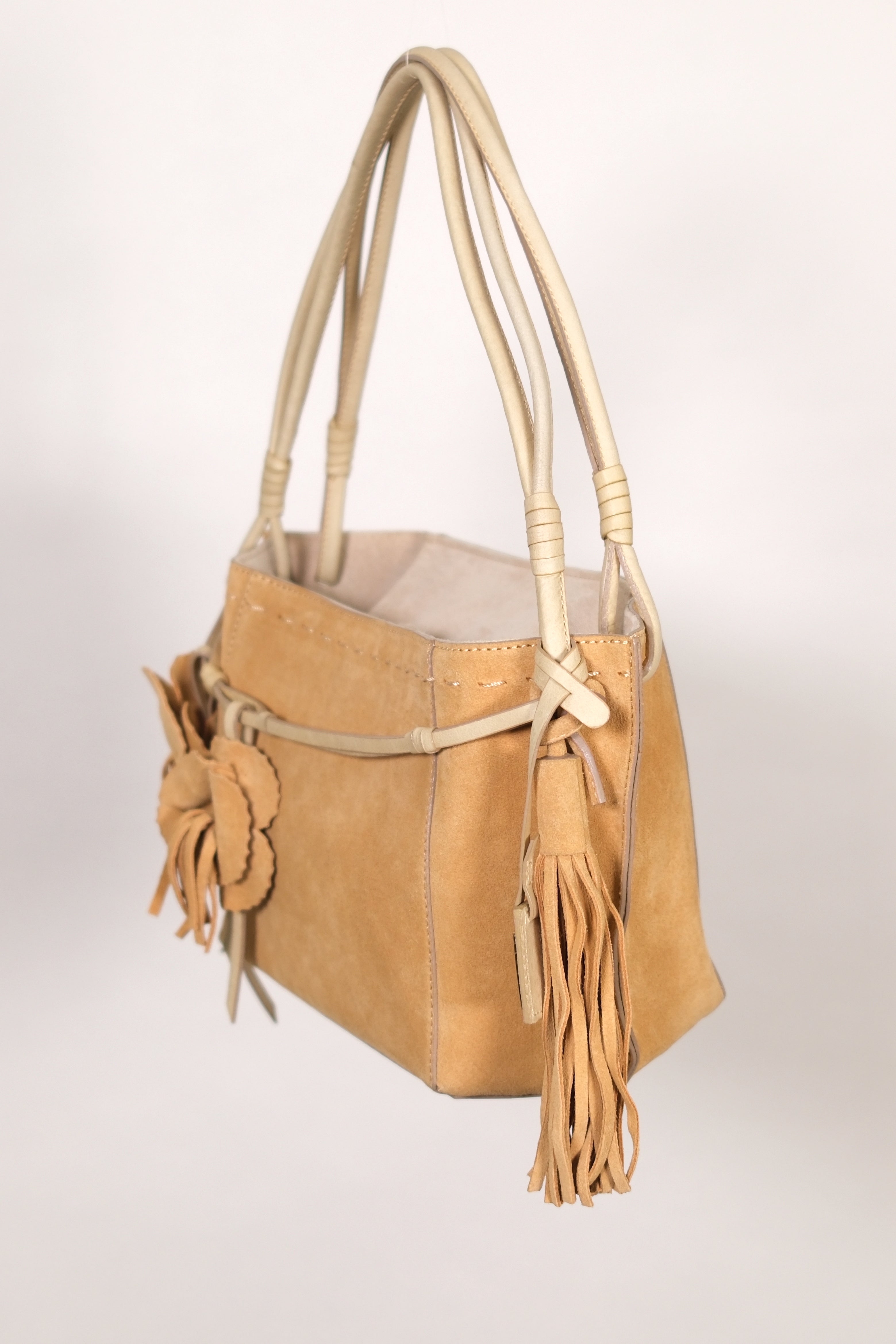 Ginza Tan Suede Shoulder Bag with Floral Details