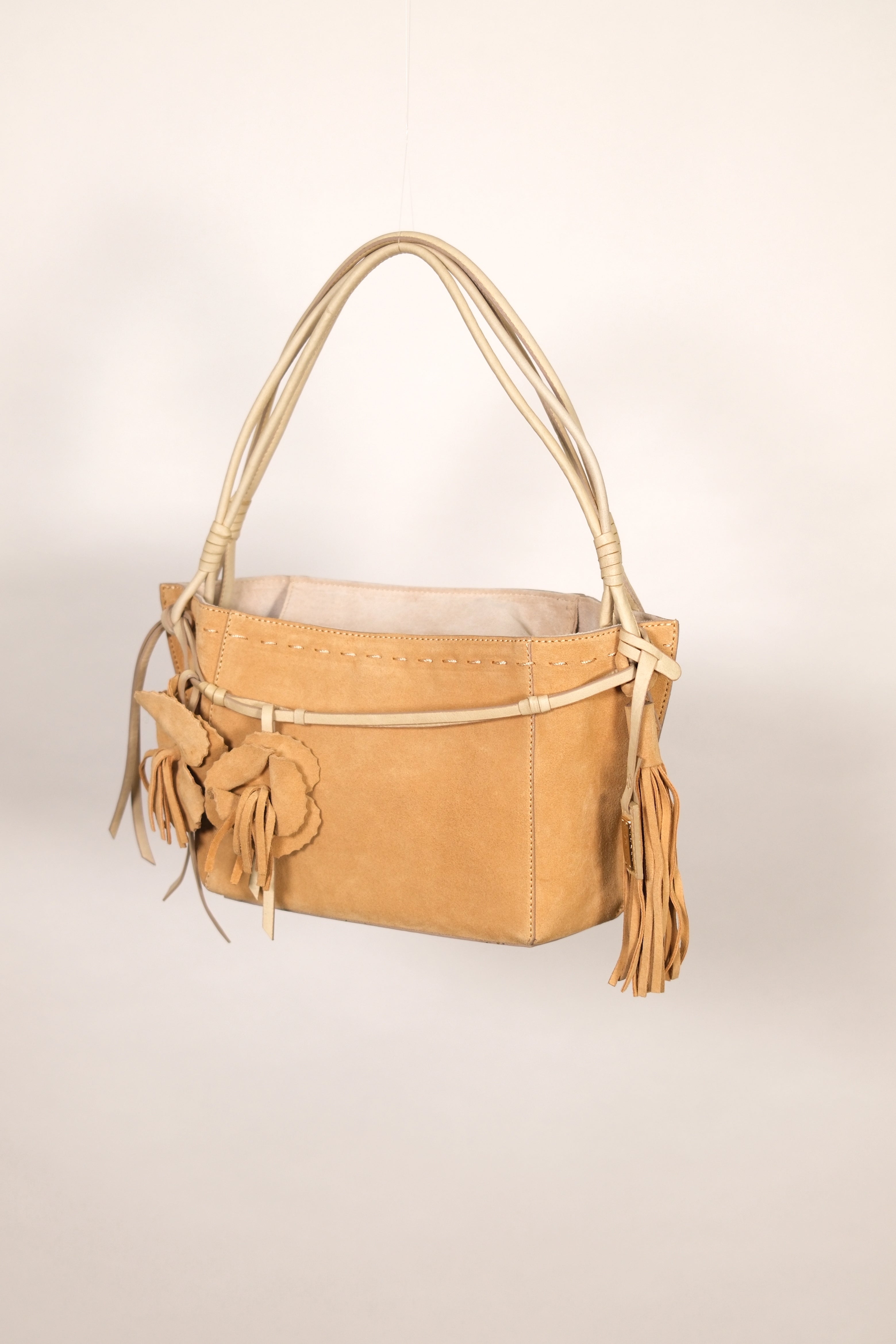 Ginza Tan Suede Shoulder Bag with Floral Details