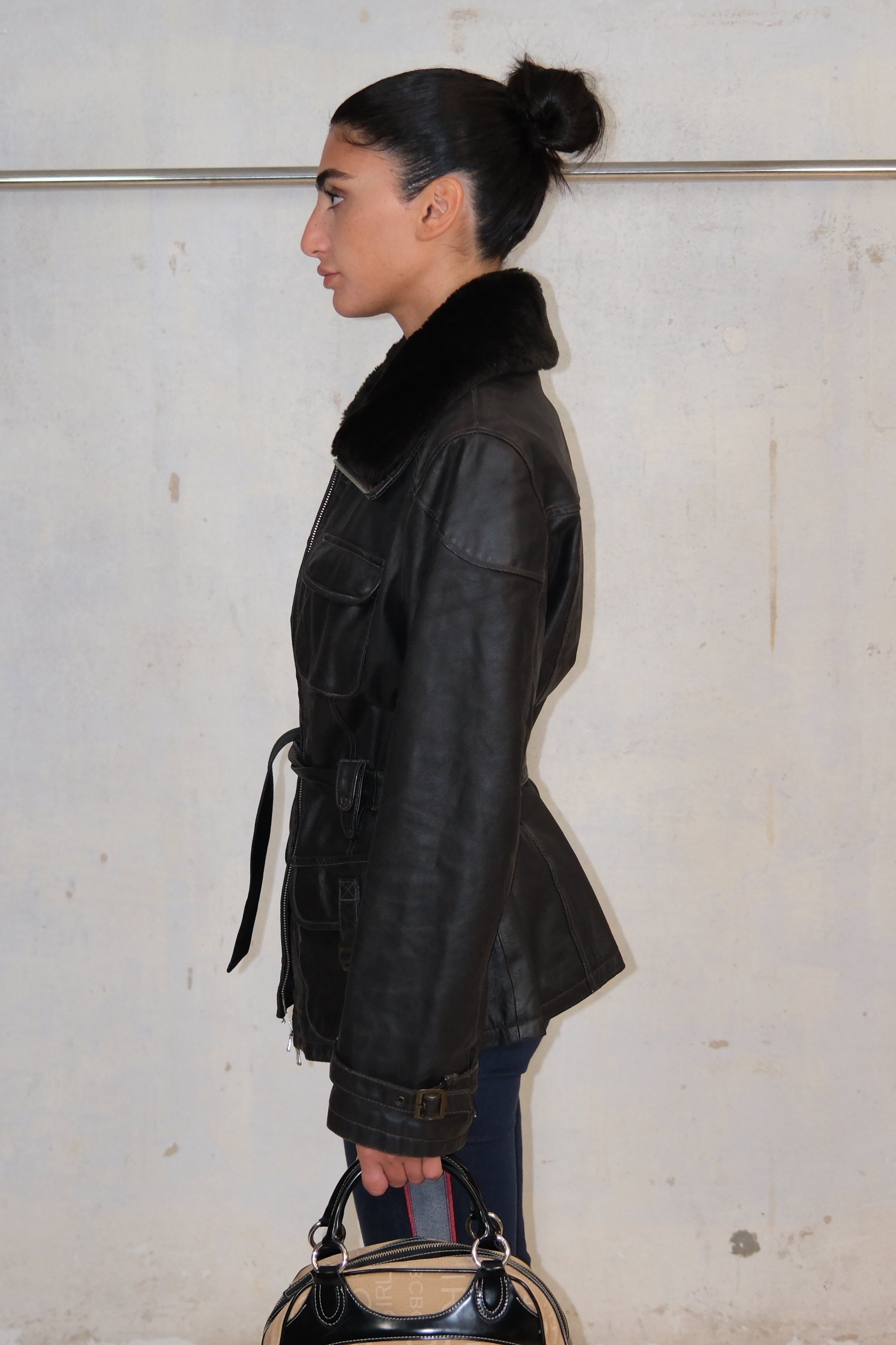BLACK LEATHER MID LENGTH TRENCH WITH FUR