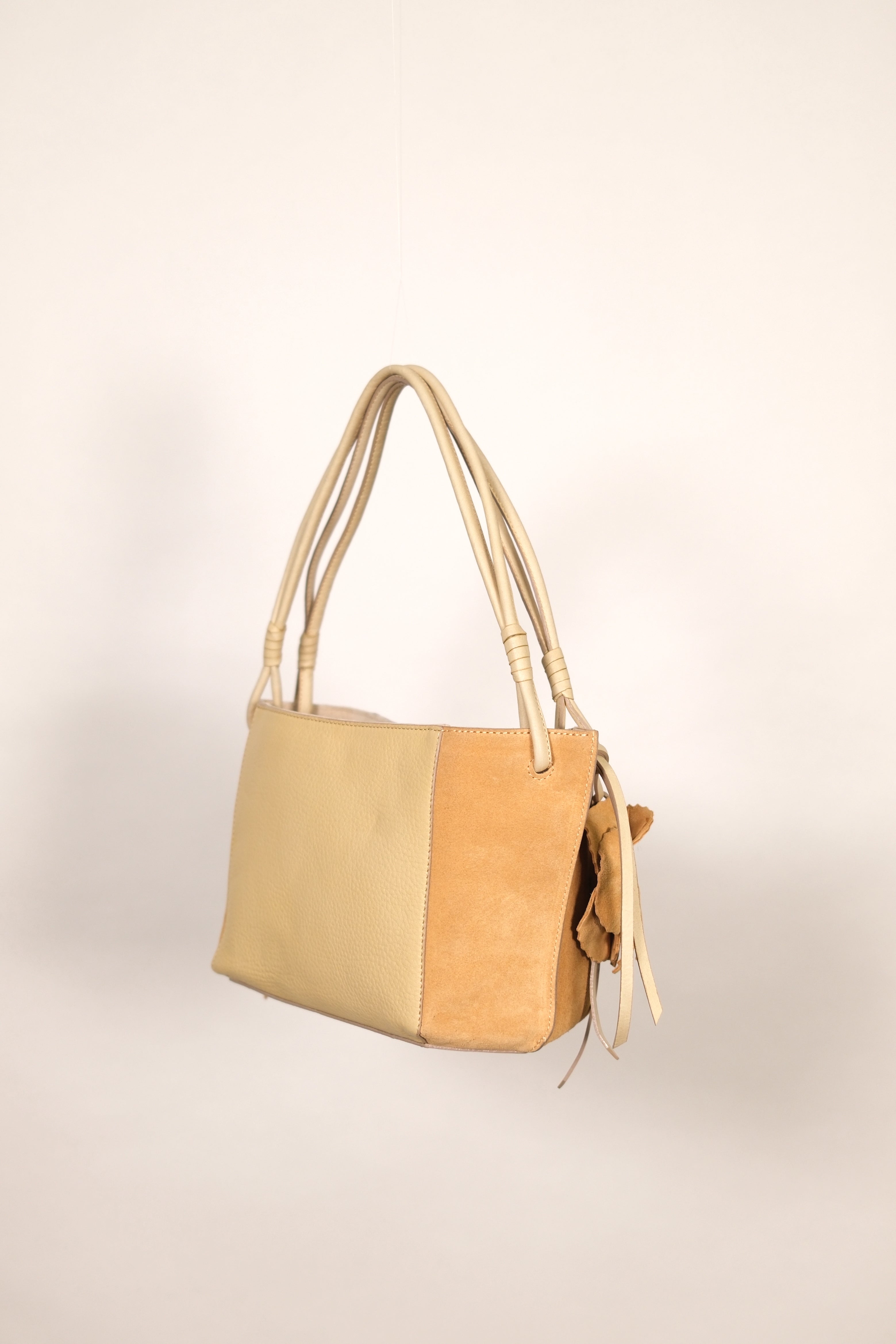 Ginza Tan Suede Shoulder Bag with Floral Details