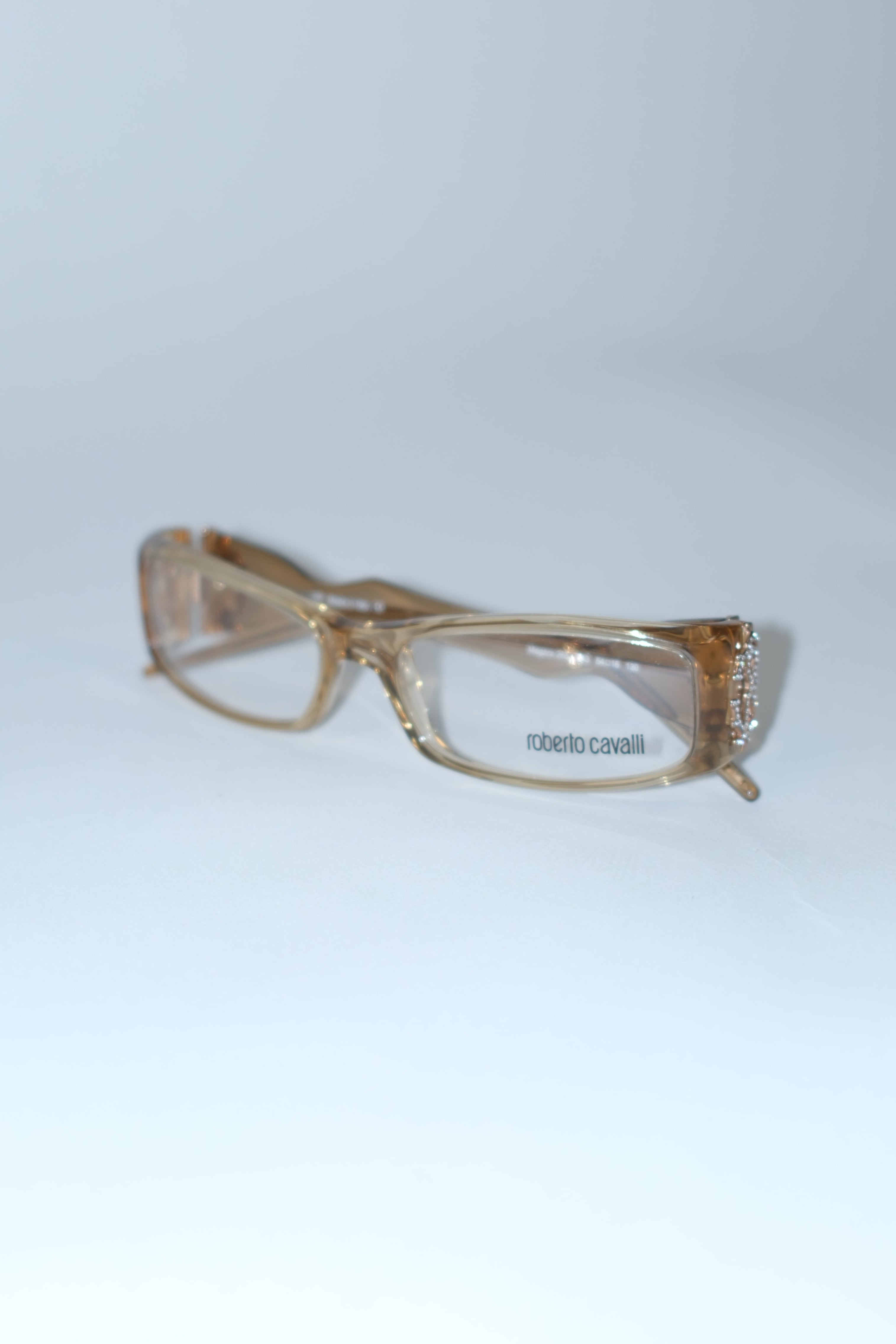 ROBERTO CAVALLI HONEY COLORED OPTICAL FRAMES WITH RHINESTONE EMBELLISHED SIDE LOGOS