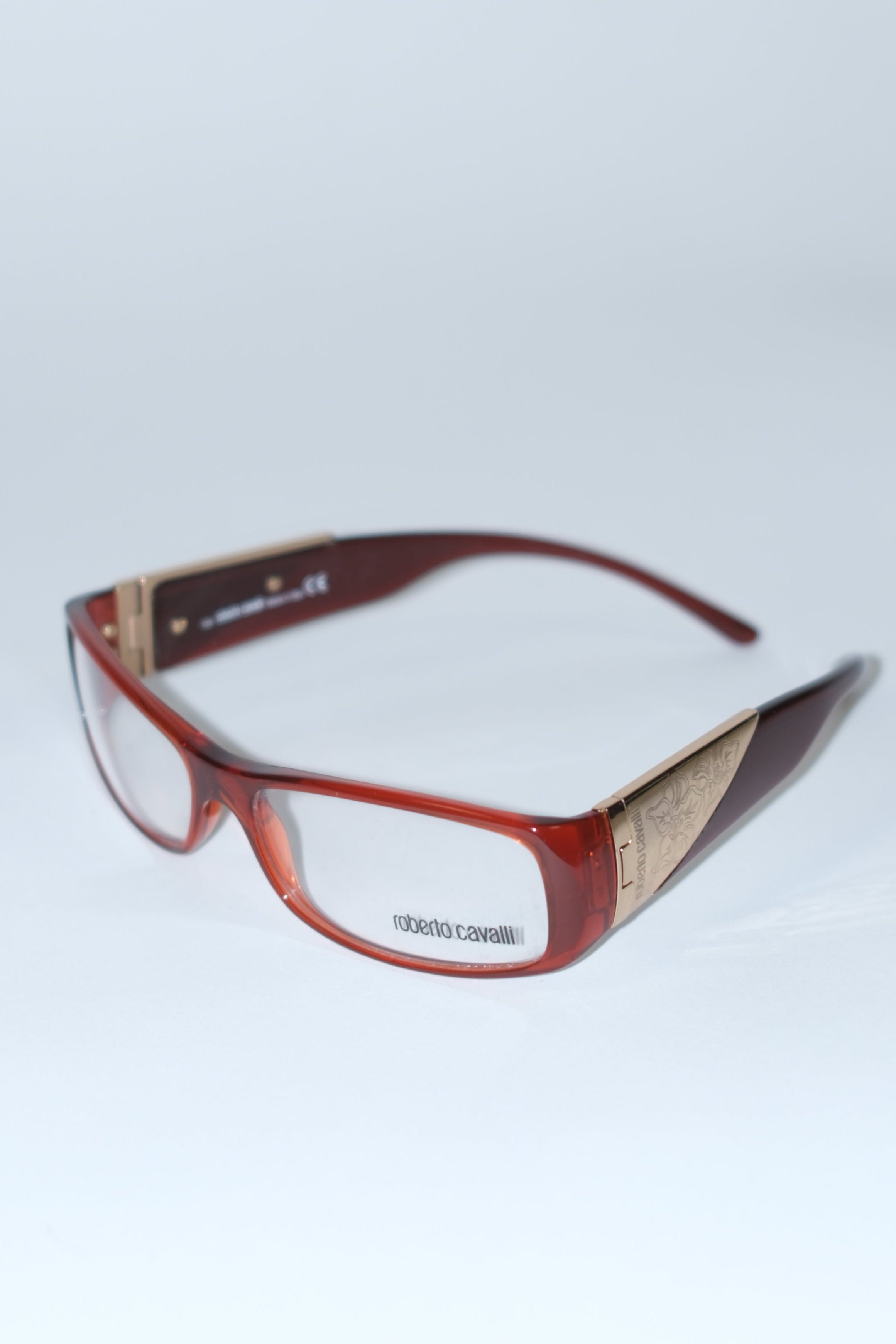 ROBERTO CAVALLI BURGUNDY OPTICAL FRAMES WITH GOLD TONE ENGRAVED PLAQUE DETAILS