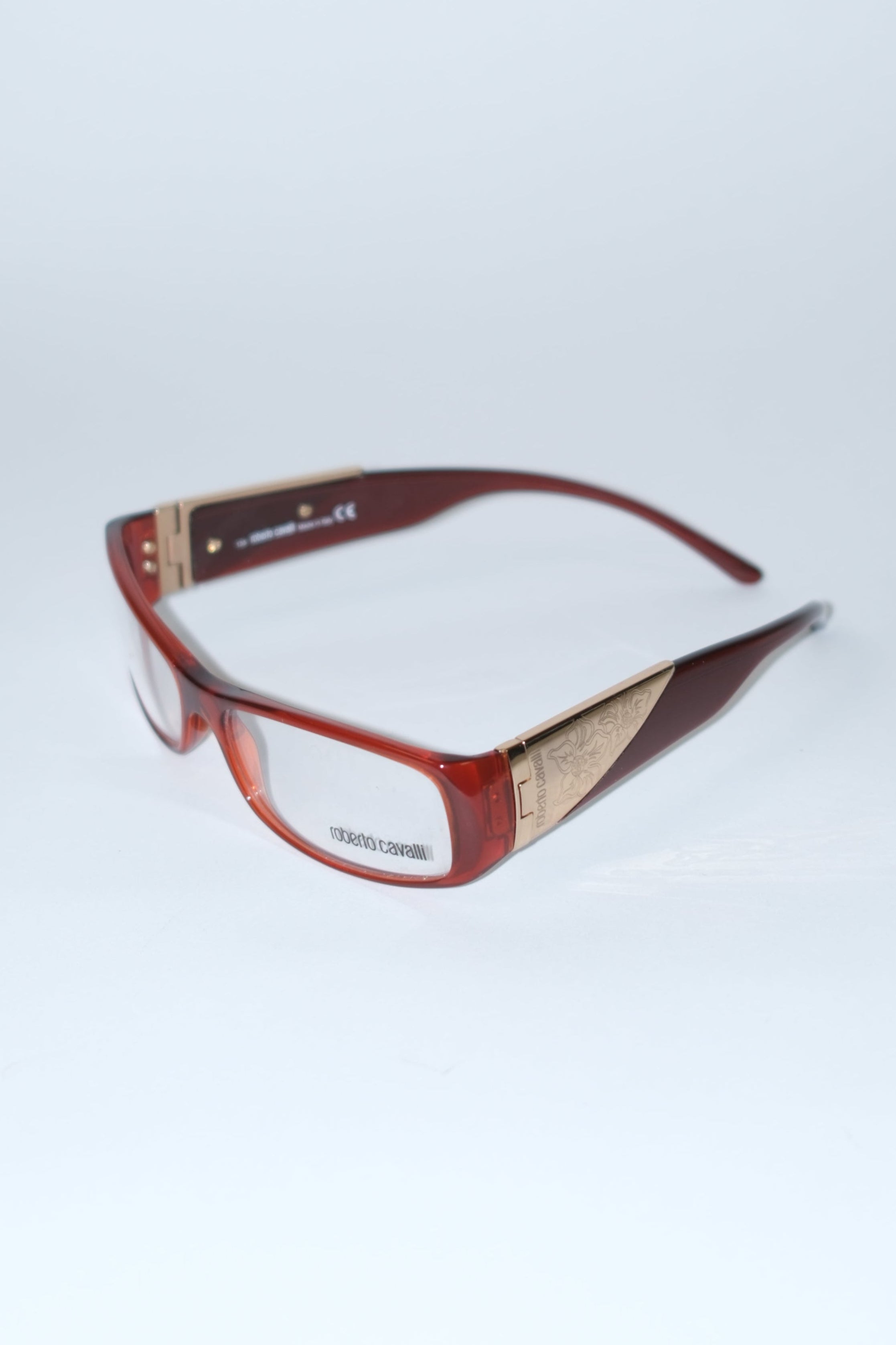 ROBERTO CAVALLI BURGUNDY OPTICAL FRAMES WITH GOLD TONE ENGRAVED PLAQUE DETAILS