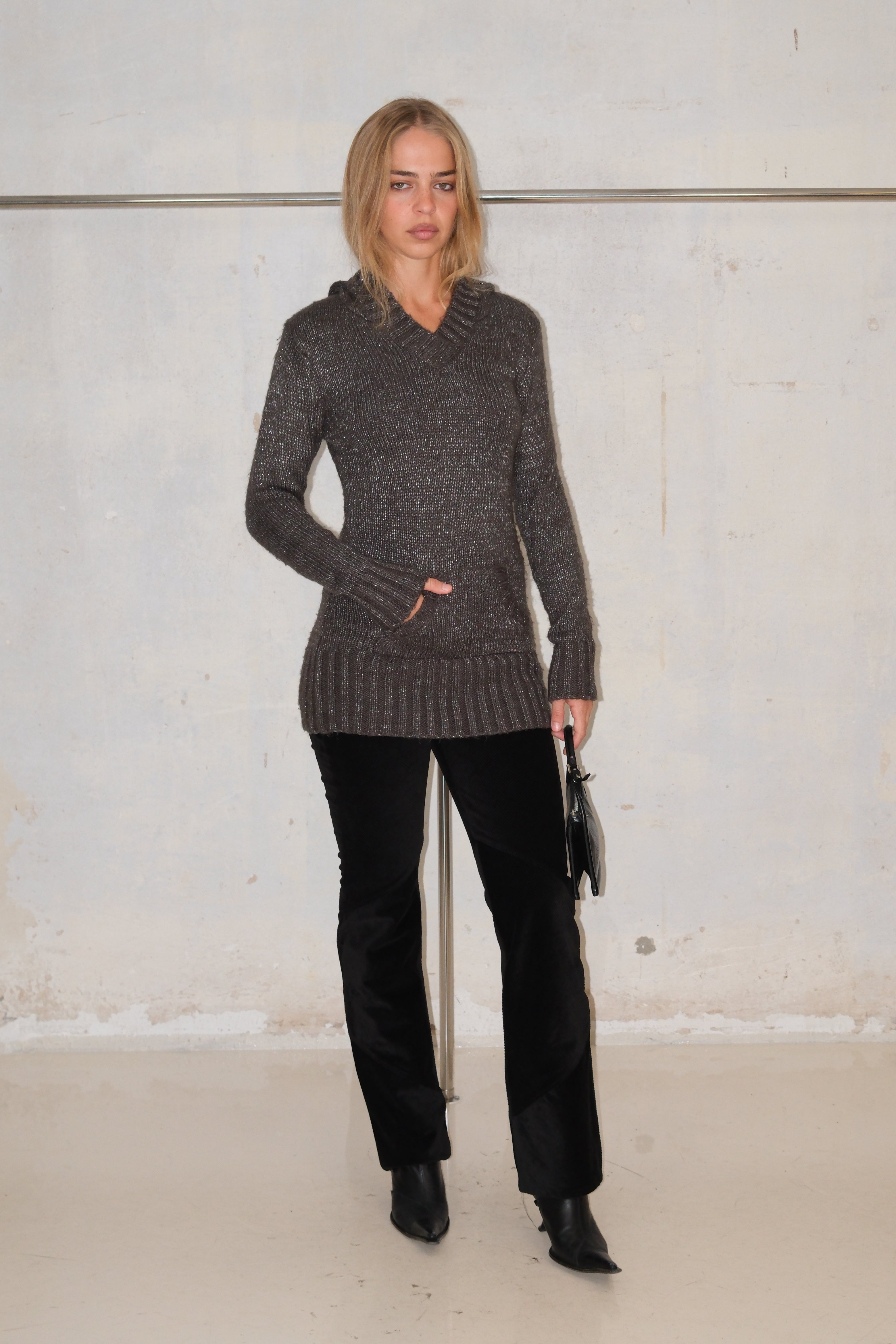 SHIMMER V-NECK HOODED KNIT SWEATER