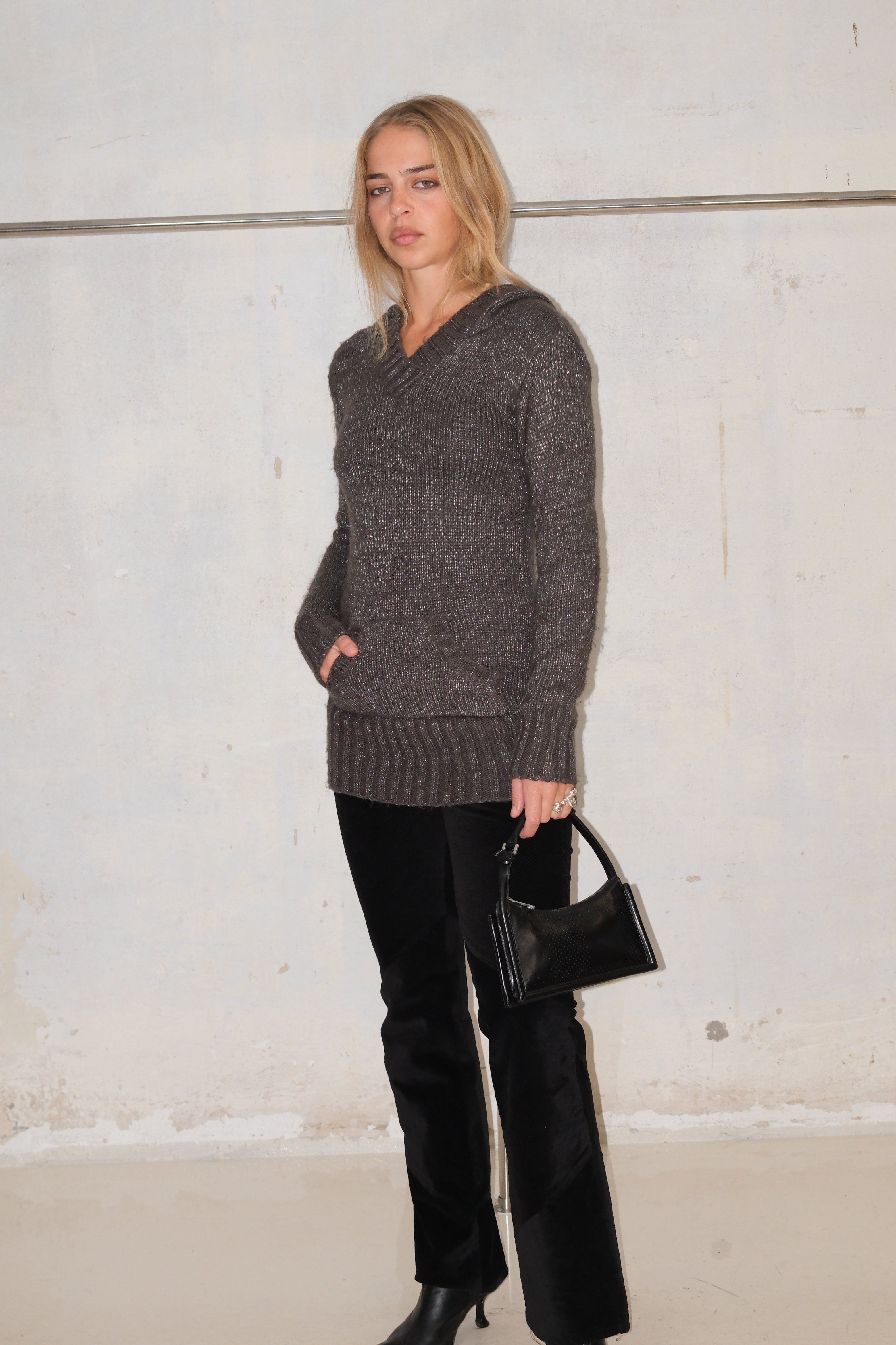 SHIMMER V-NECK HOODED KNIT SWEATER