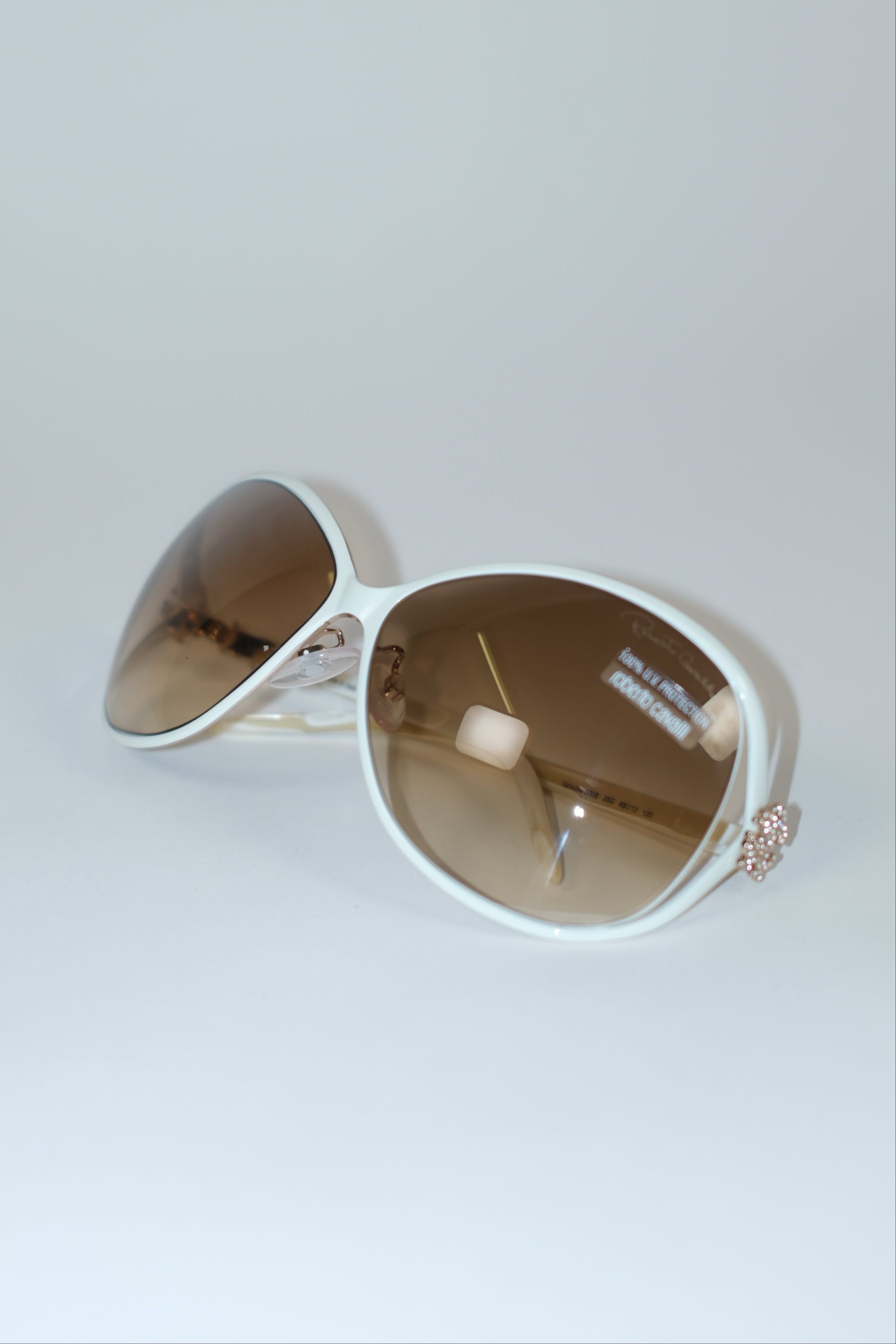 ROBERTO CAVALLI MILKY CREAM SUNGLASSES WITH RHINESTONE LOGO SIDE DETAILS
