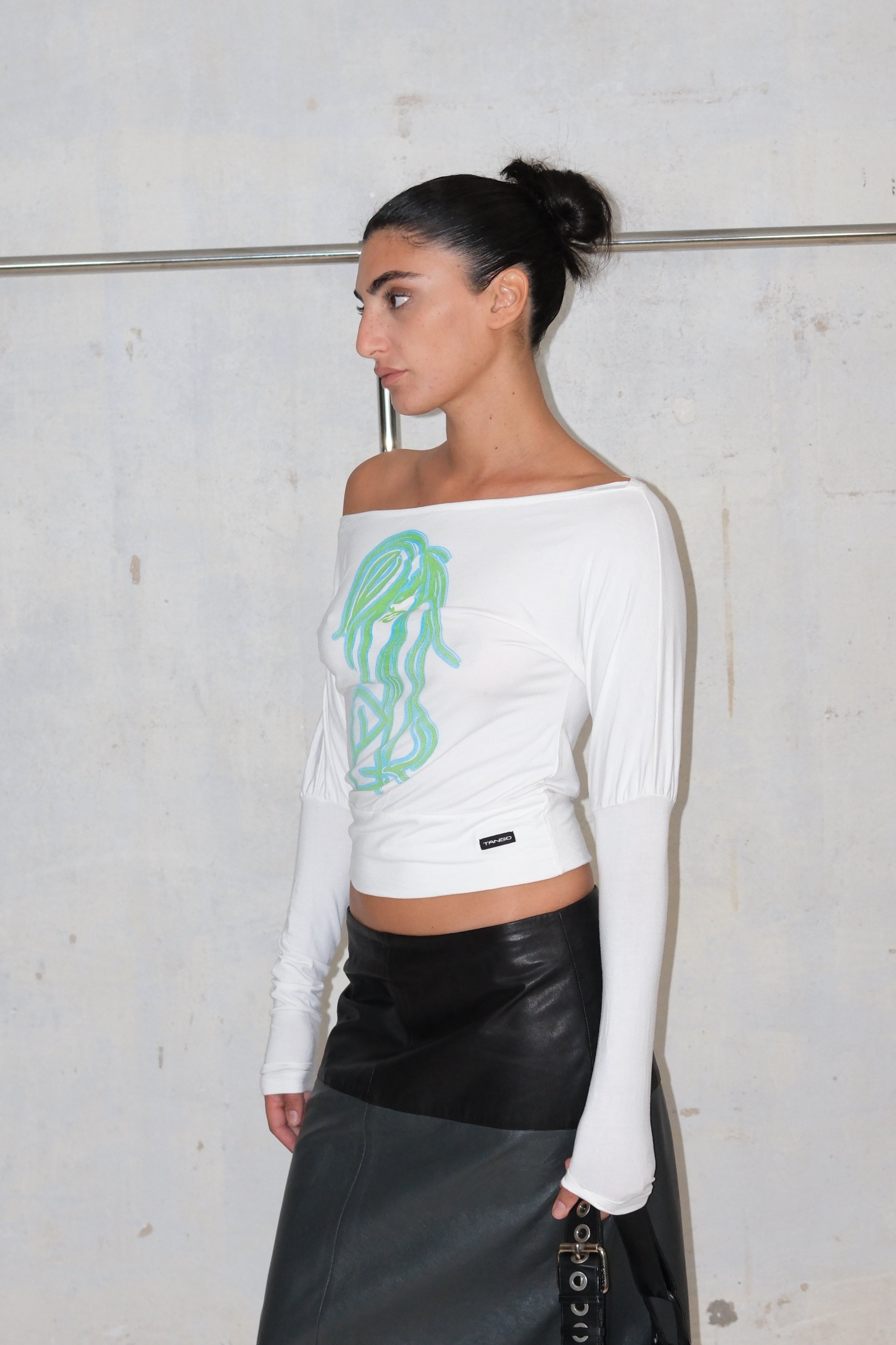 WHITE FUNK PRINT OFF SHOULDER TOP