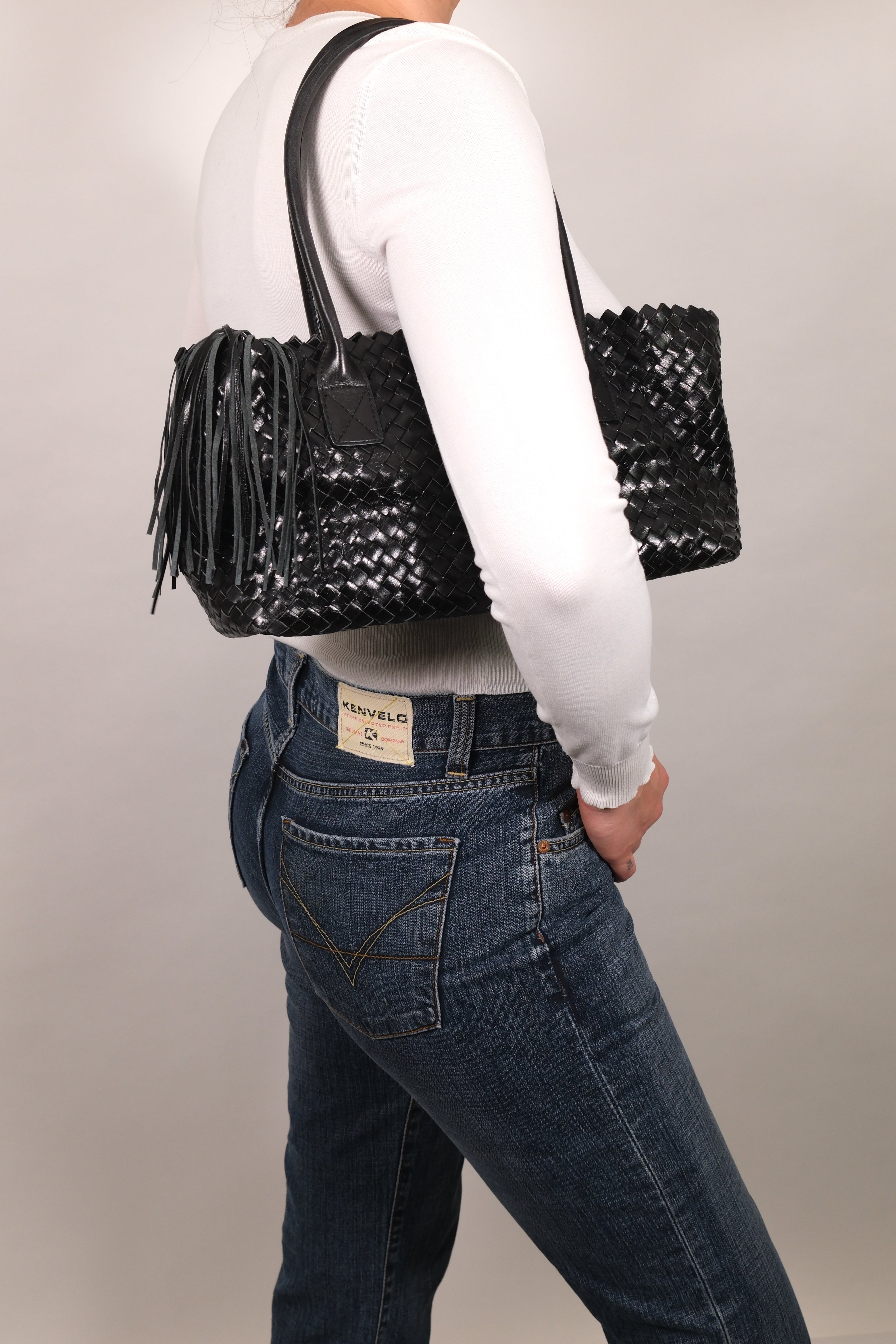 Francesco Biasia Black Woven Leather Shoulder Bag