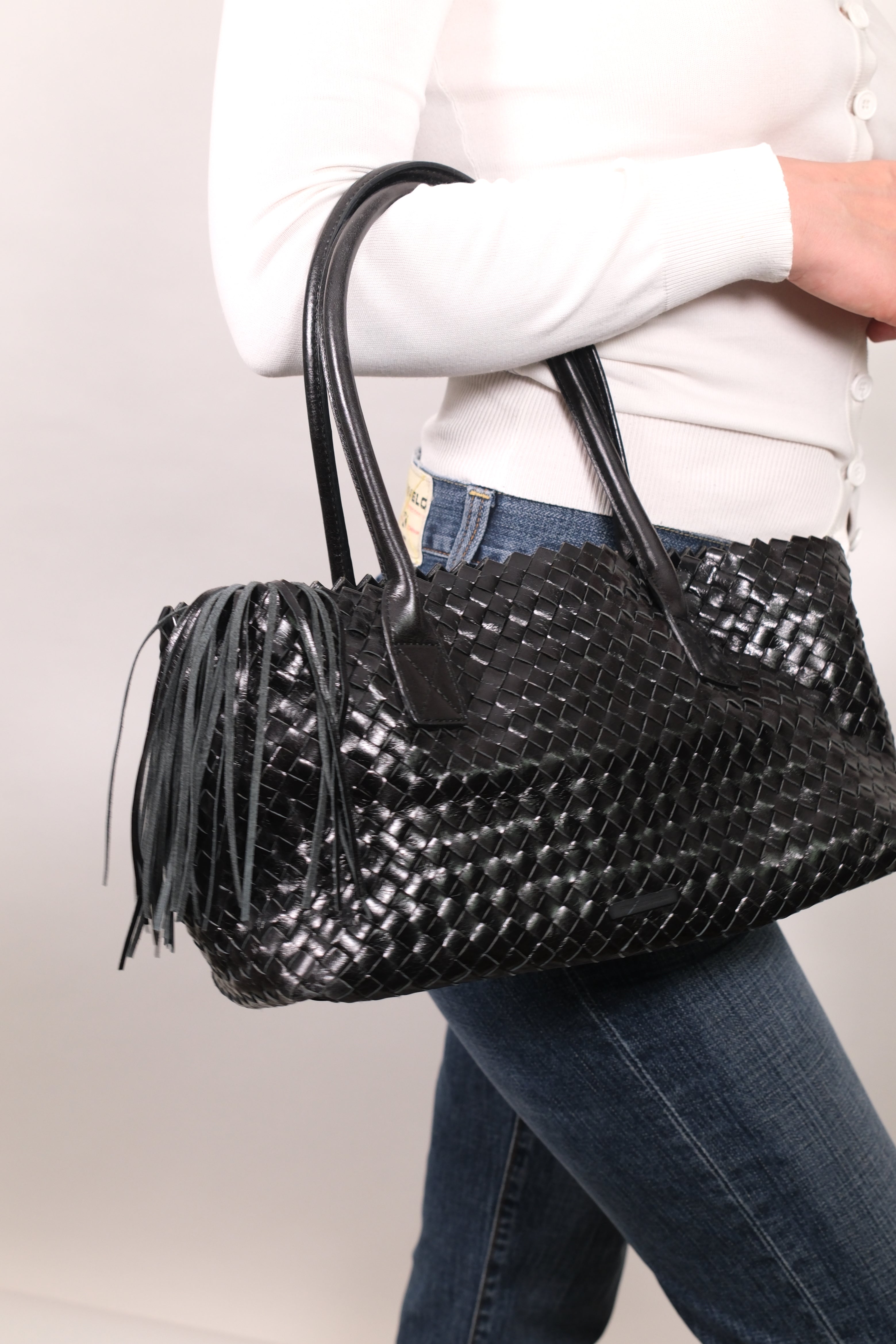 Francesco Biasia Black Woven Leather Shoulder Bag