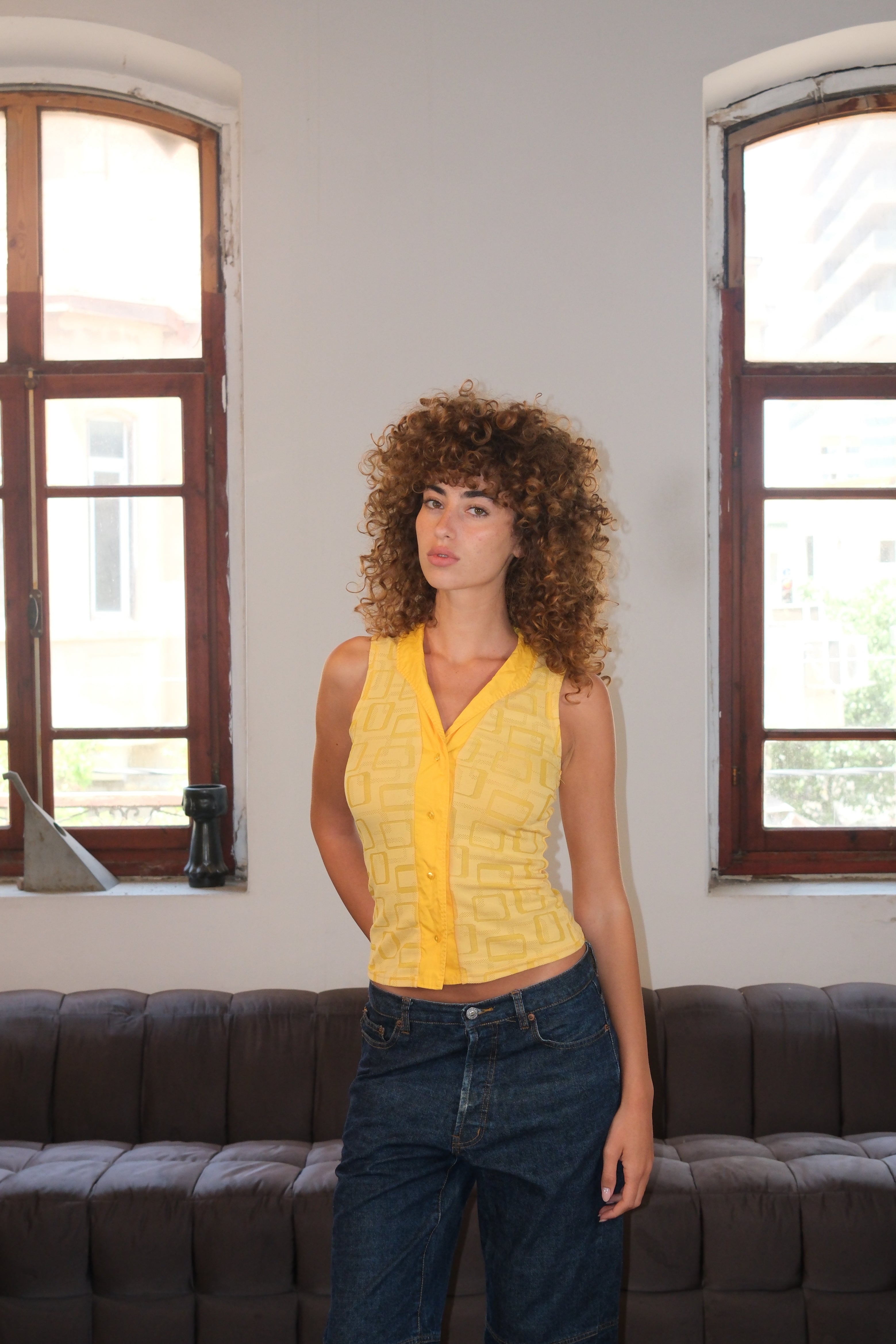 Yellow Botton Down Printed Top