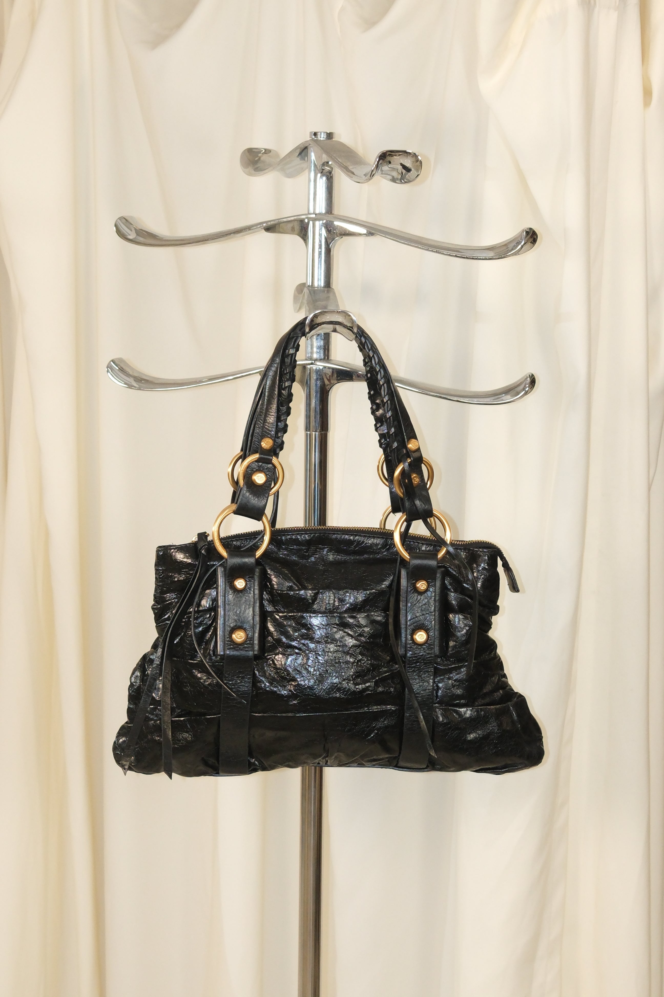 Francesco Biasia Black Soft Leather Bag With Gold and Leather Details