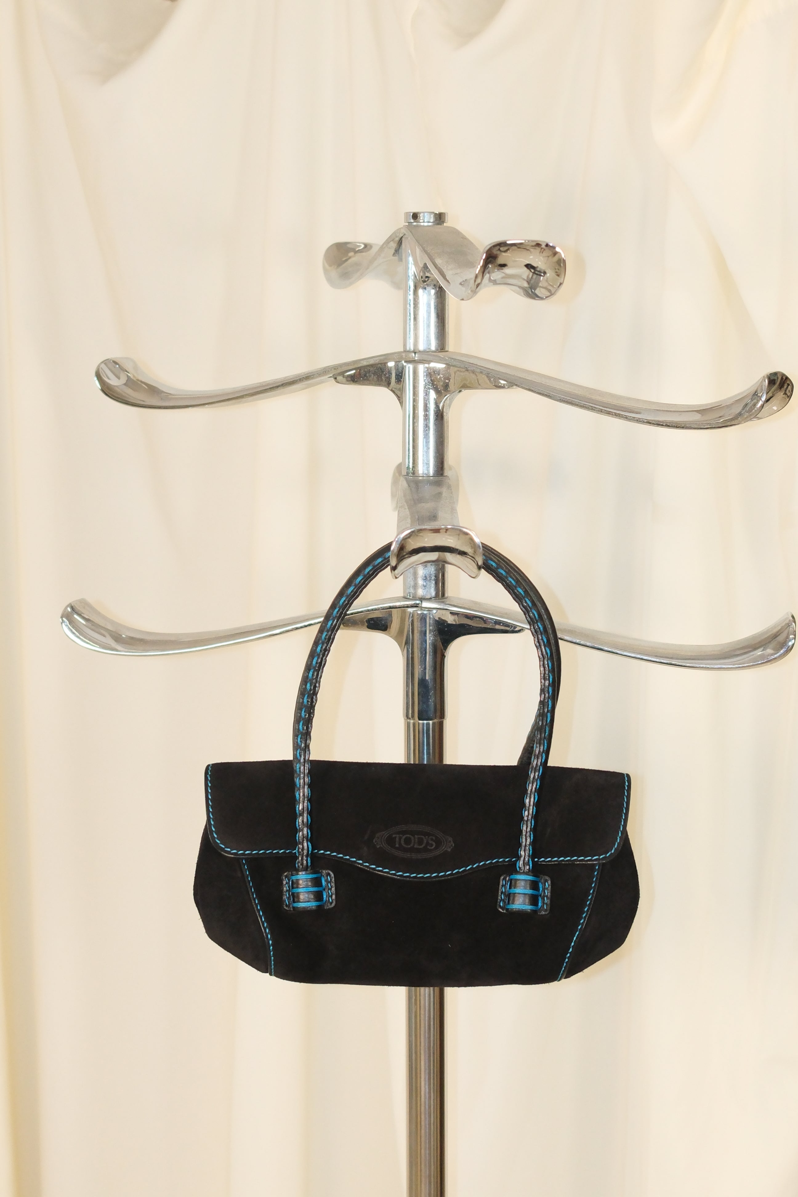 Tod’s Small Black Suede Bag with Blue Stitching