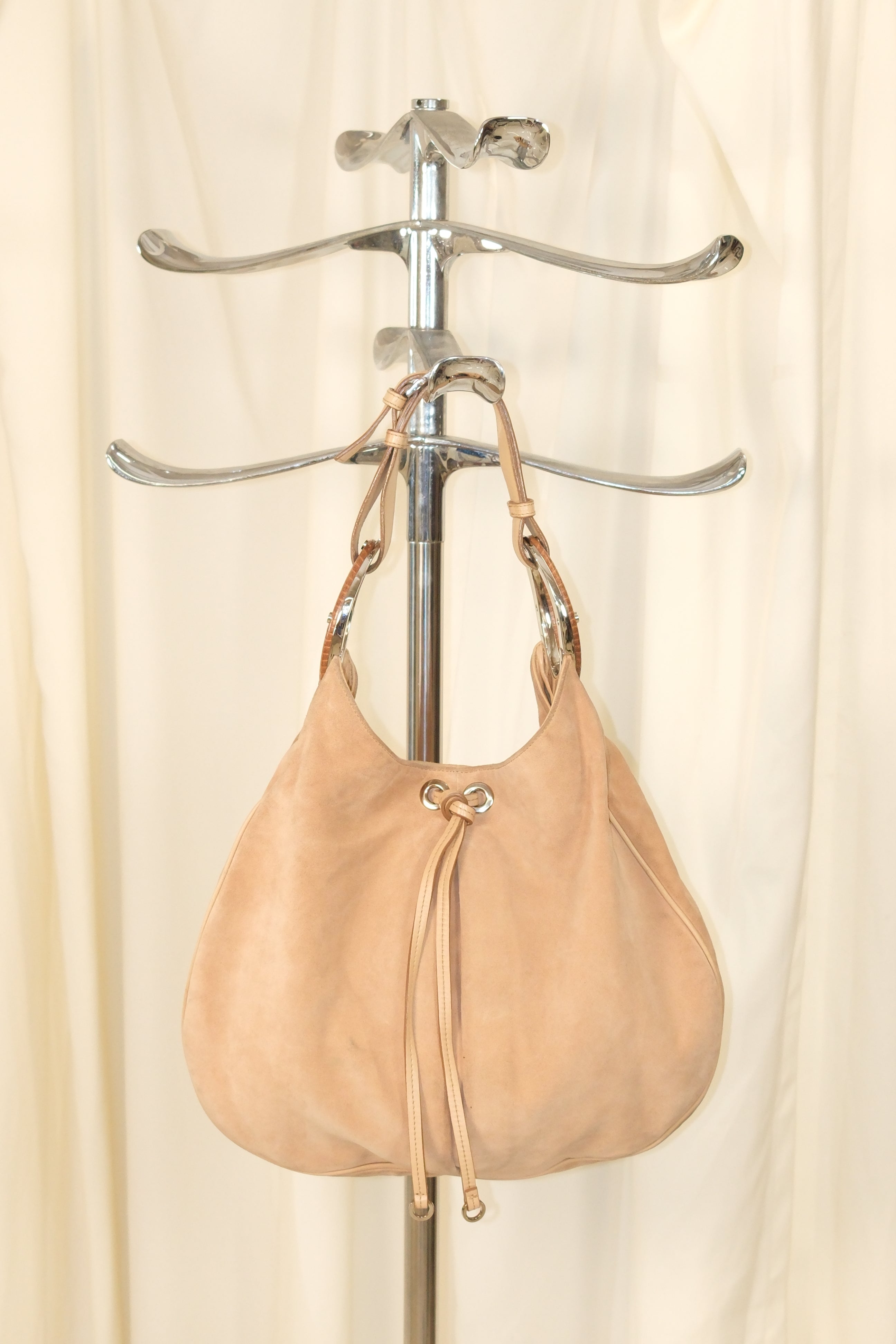Sergio Rossi Suede Bag with Metal and Wooden Hoops