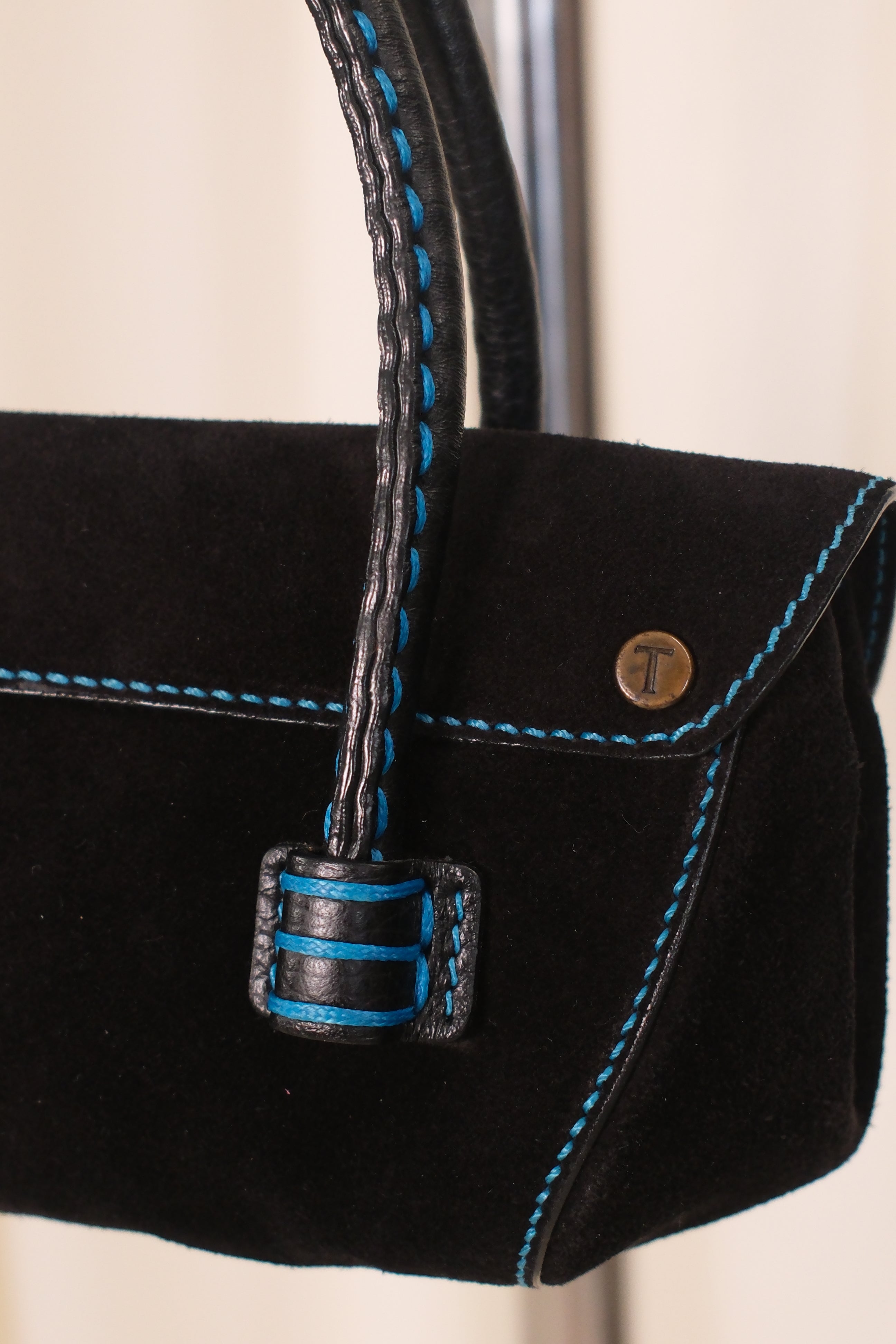 Tod’s Small Black Suede Bag with Blue Stitching