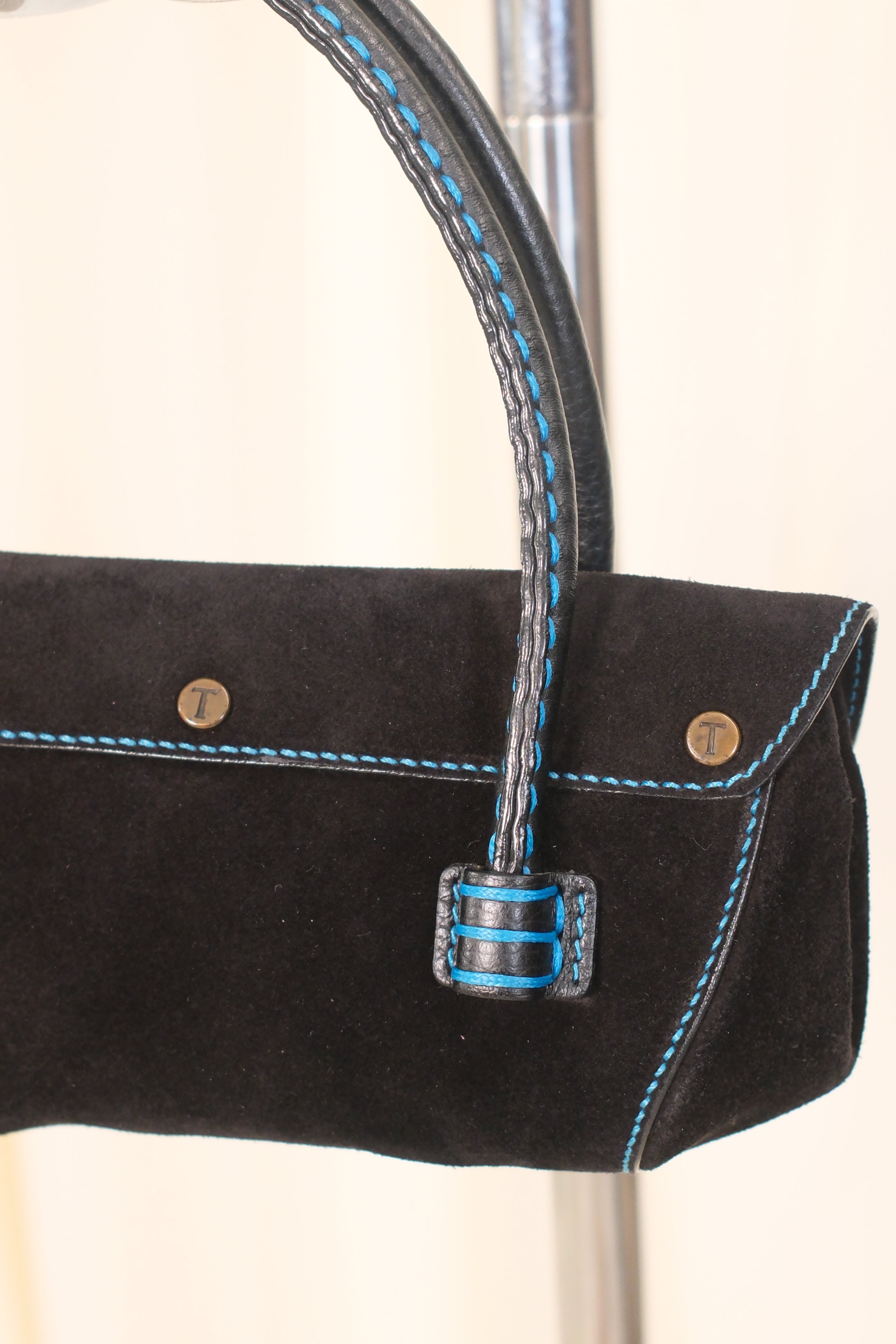 Tod’s Small Black Suede Bag with Blue Stitching