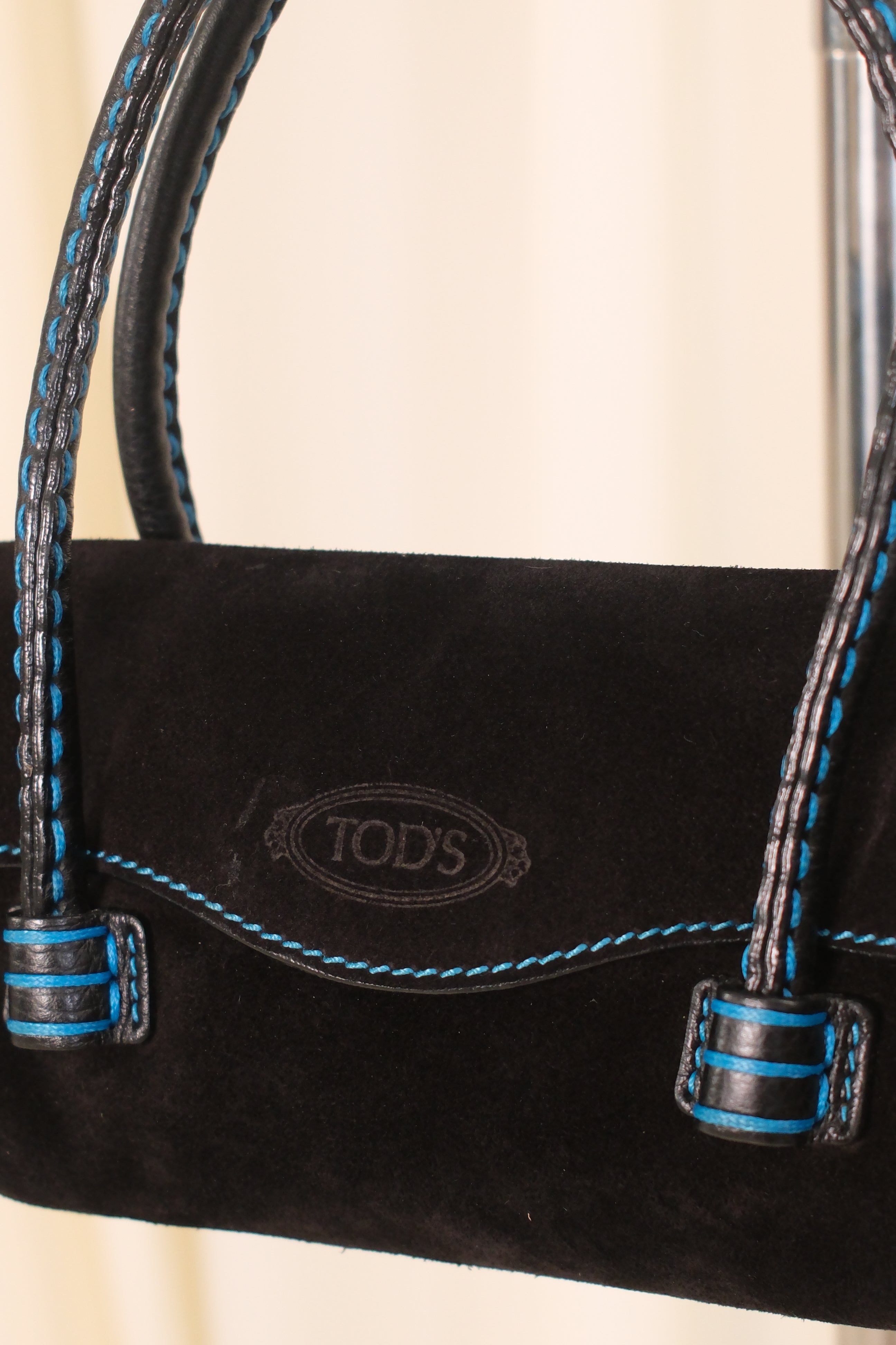 Tod’s Small Black Suede Bag with Blue Stitching