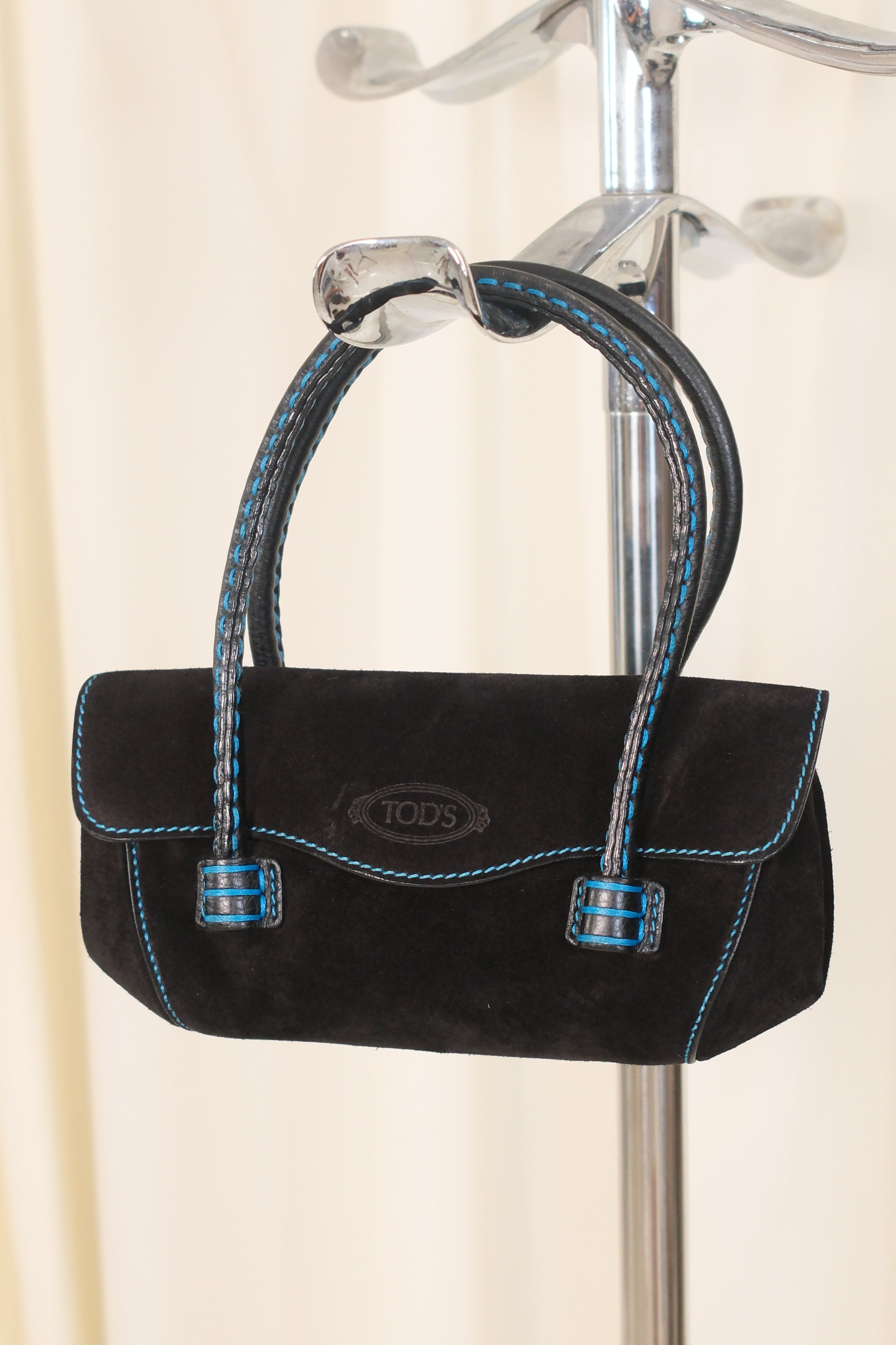 Tod’s Small Black Suede Bag with Blue Stitching