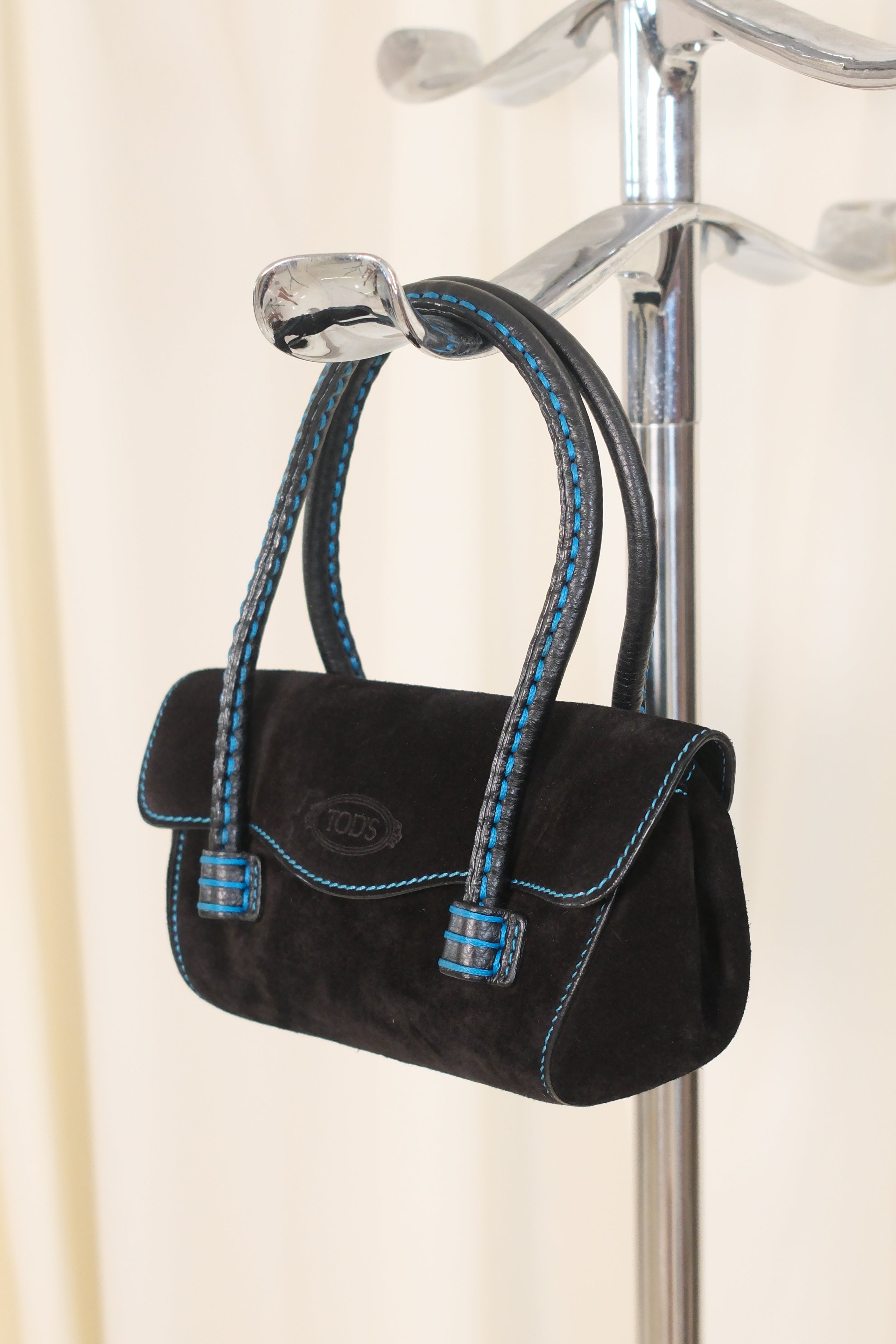 Tod’s Small Black Suede Bag with Blue Stitching